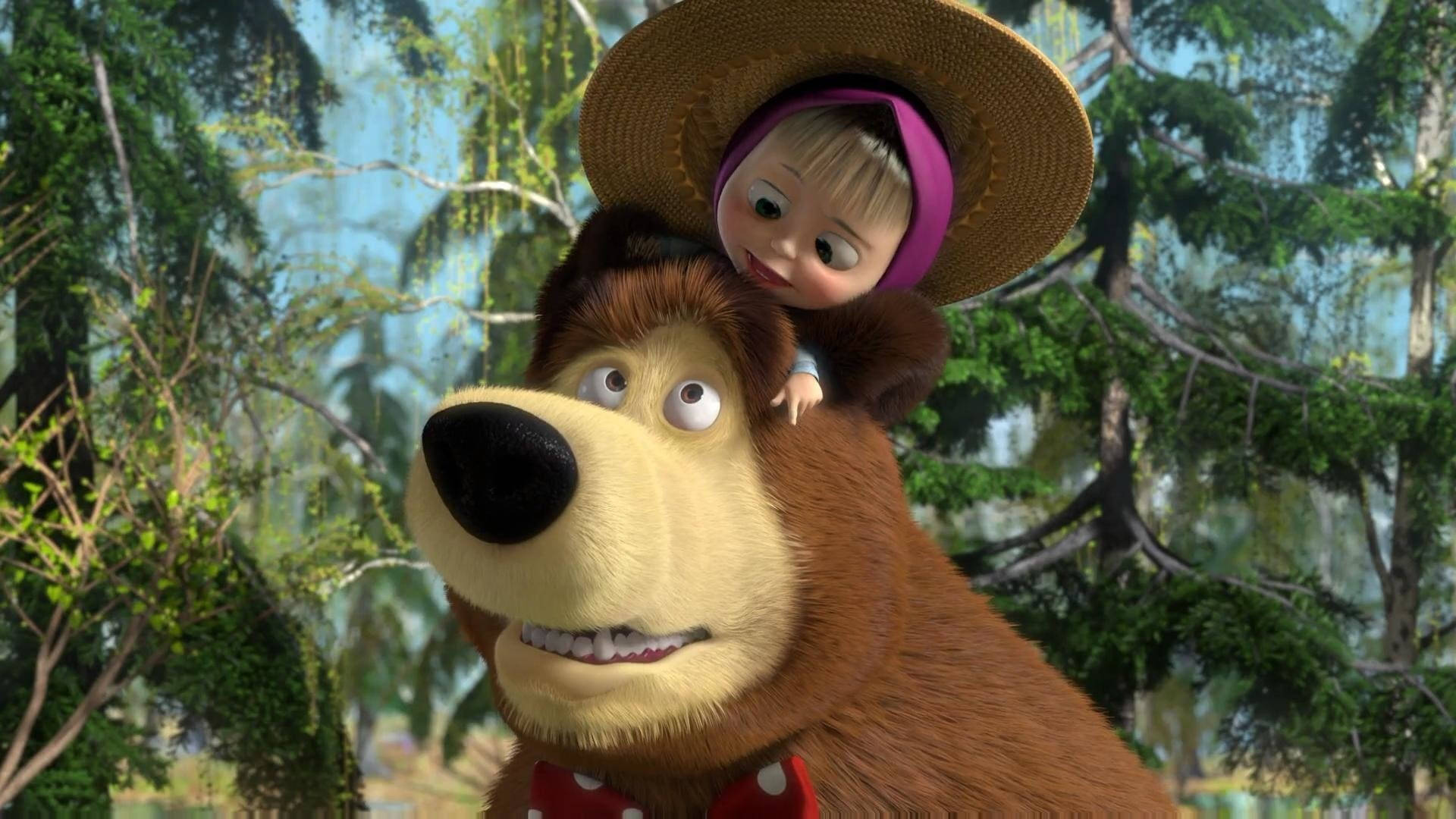Masha And The Bear 4K, bear, red bowtie, Full HD Desktop Wallpaper