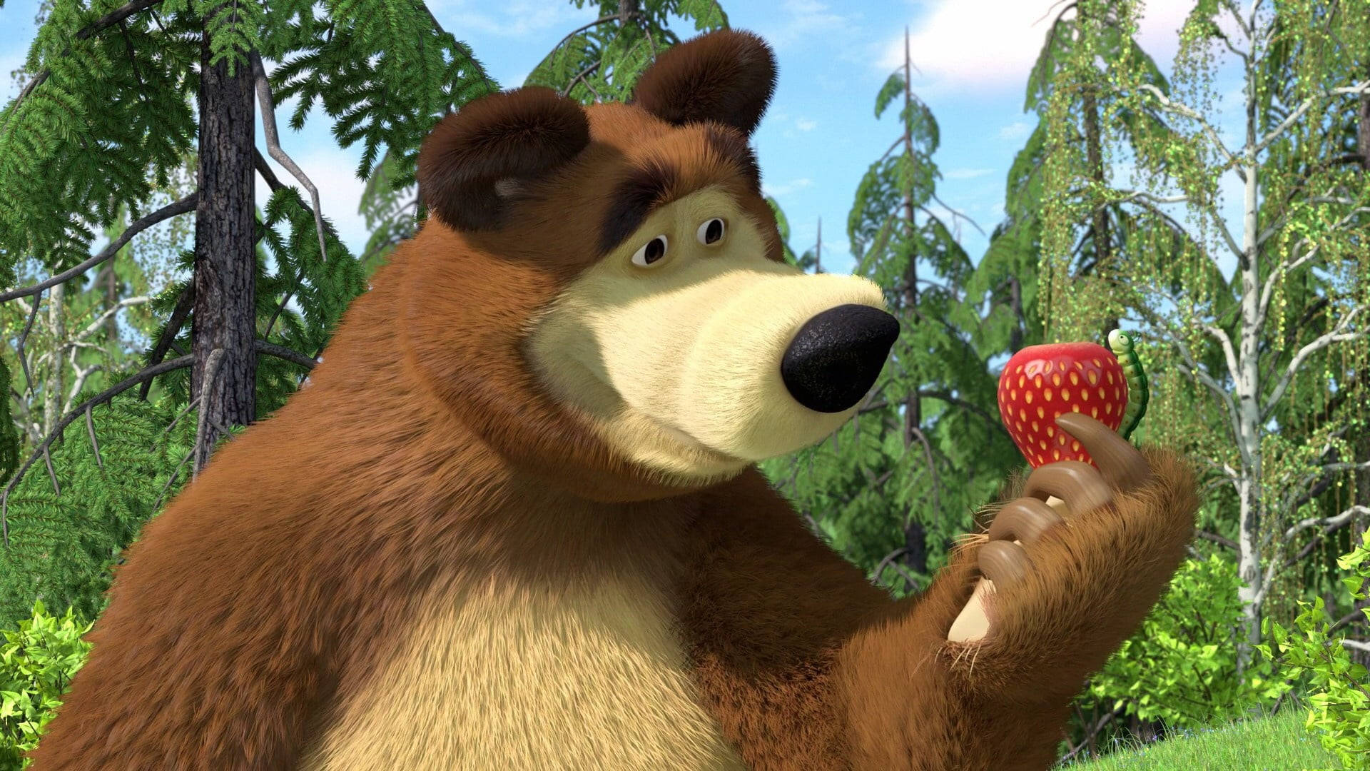 Masha And The Bear 4K, strawberry, brown fur, Full HD Desktop Wallpaper