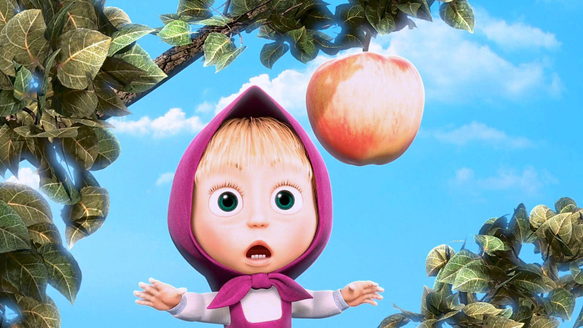 Masha And The Bear, purple hood, red apple, Full HD Desktop Wallpaper