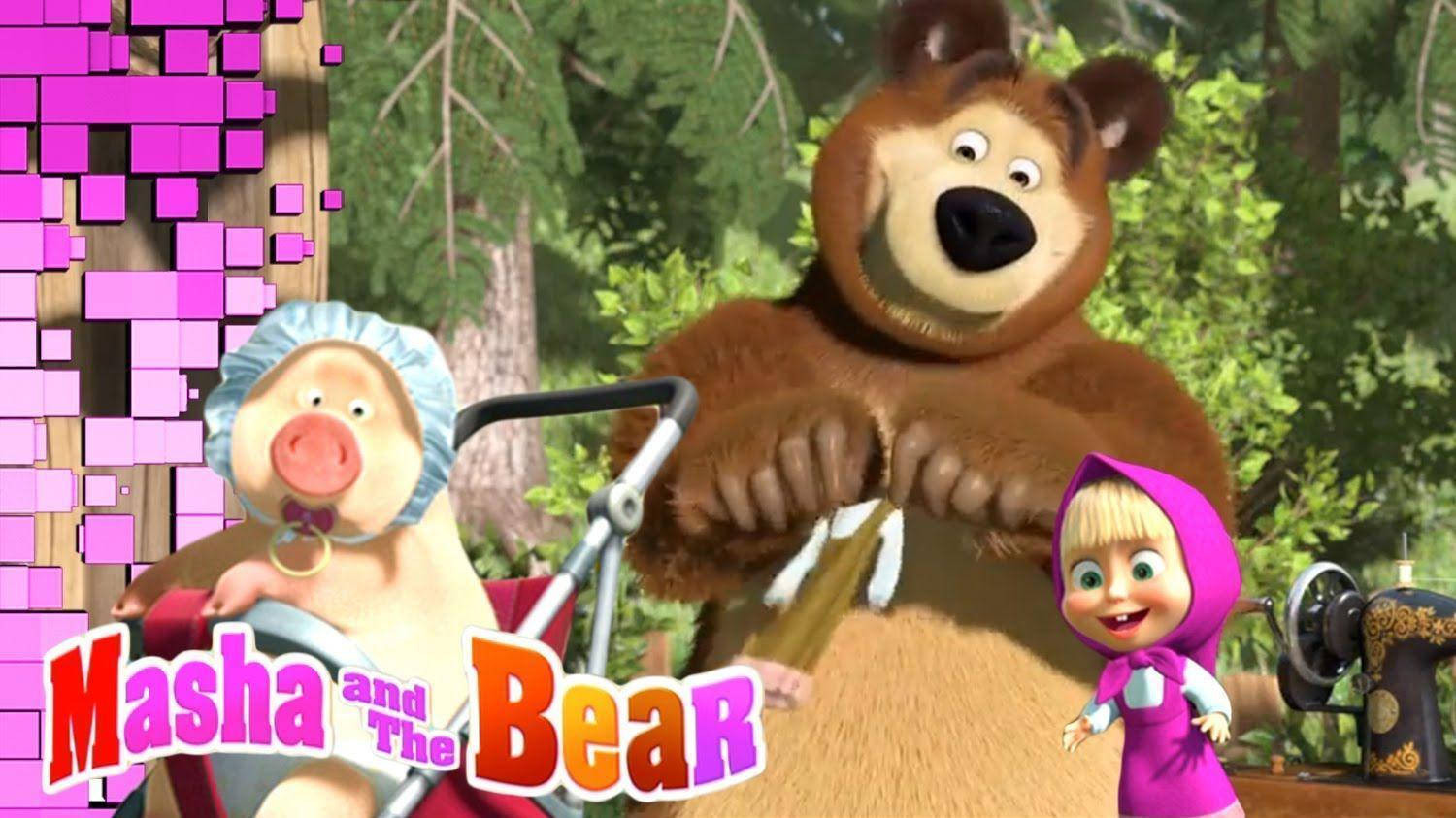 Masha And The Bear, vibrant forest scene, pink pixelated glitch effect, HD Desktop Wallpaper