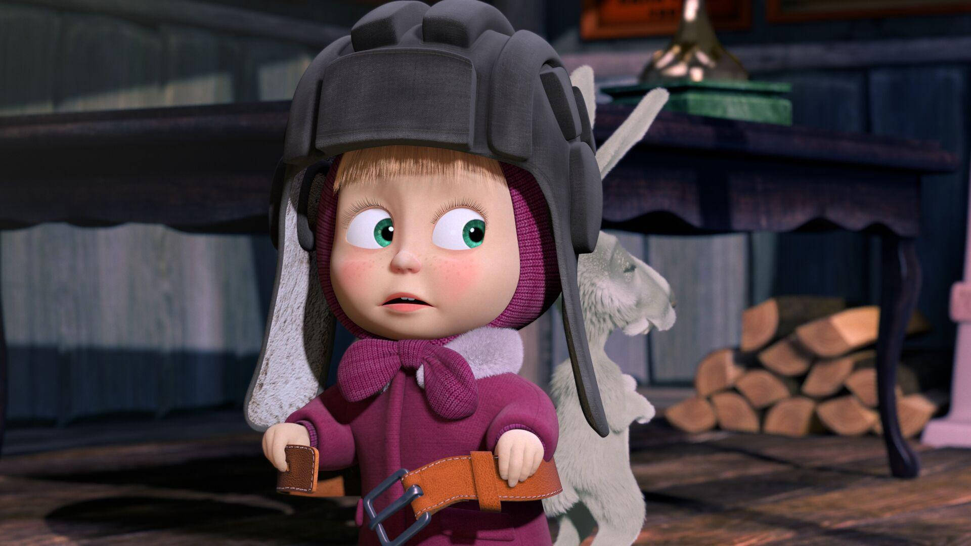 Masha And The Bear, purple outfit, grey aviator helmet, Full HD Desktop Wallpaper