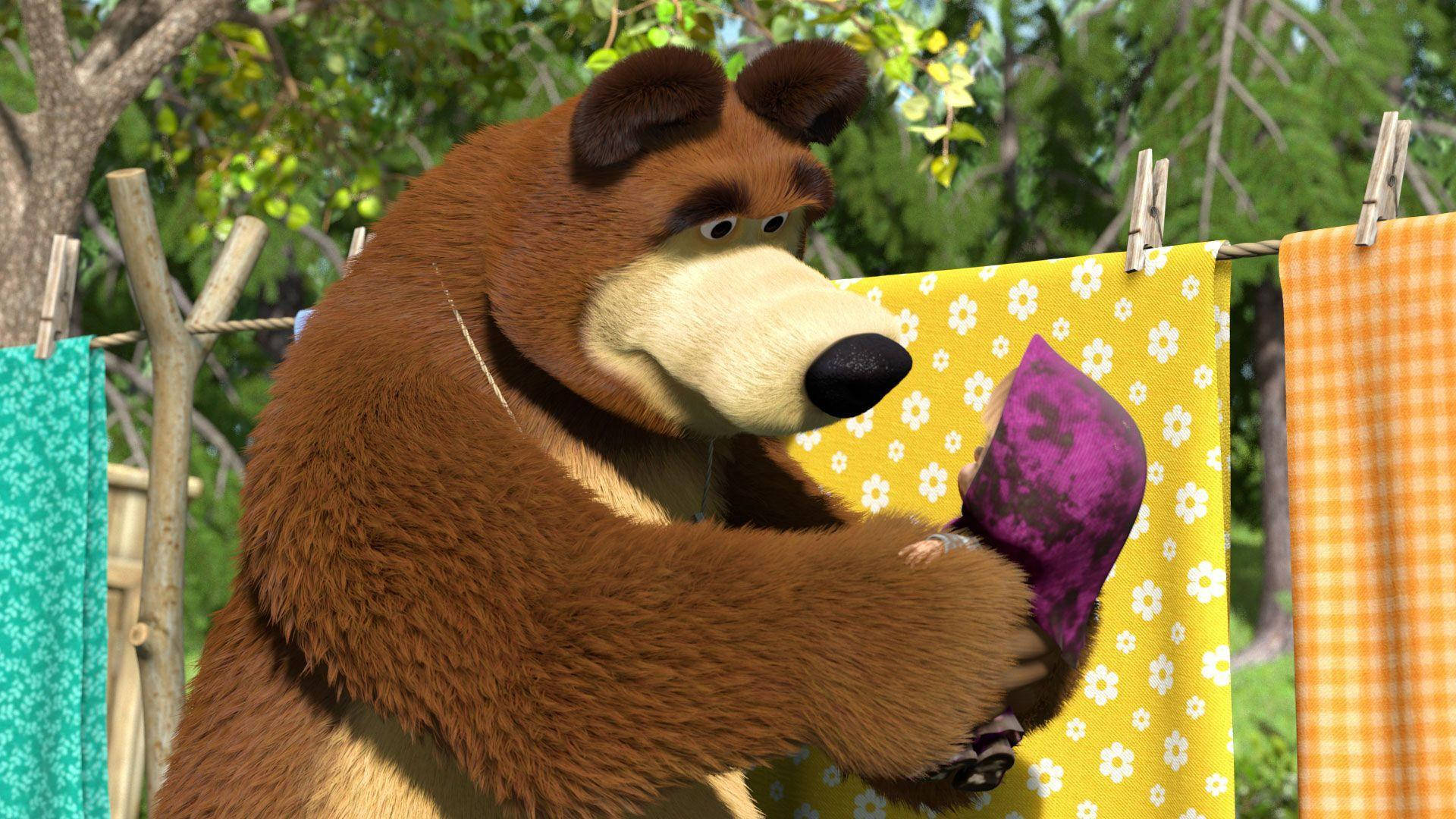 Masha And The Bear, purple garment, clothesline, Full HD Desktop Wallpaper