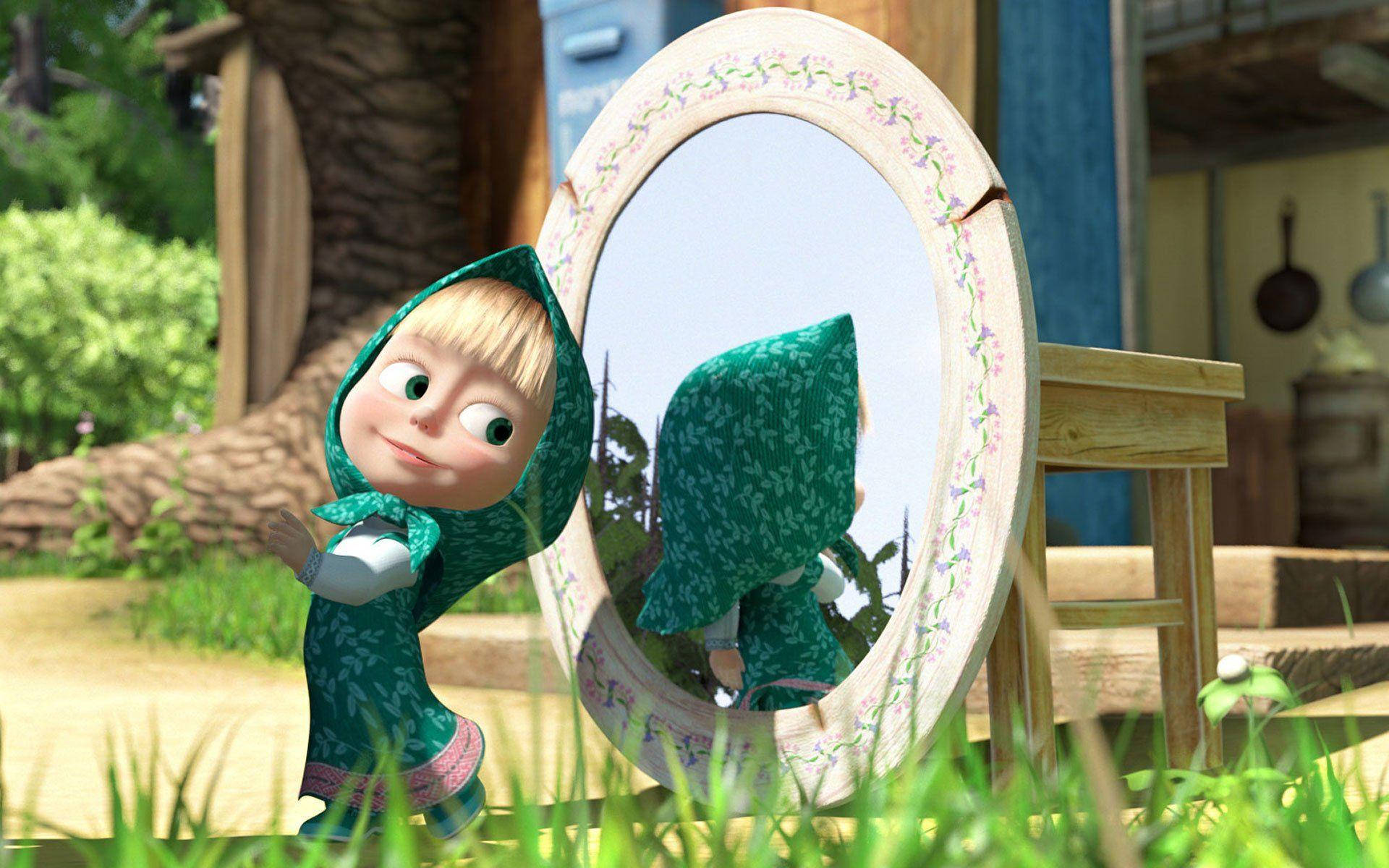 Masha And The Bear, green hooded dress, round floral-framed mirror, Full HD Desktop Wallpaper