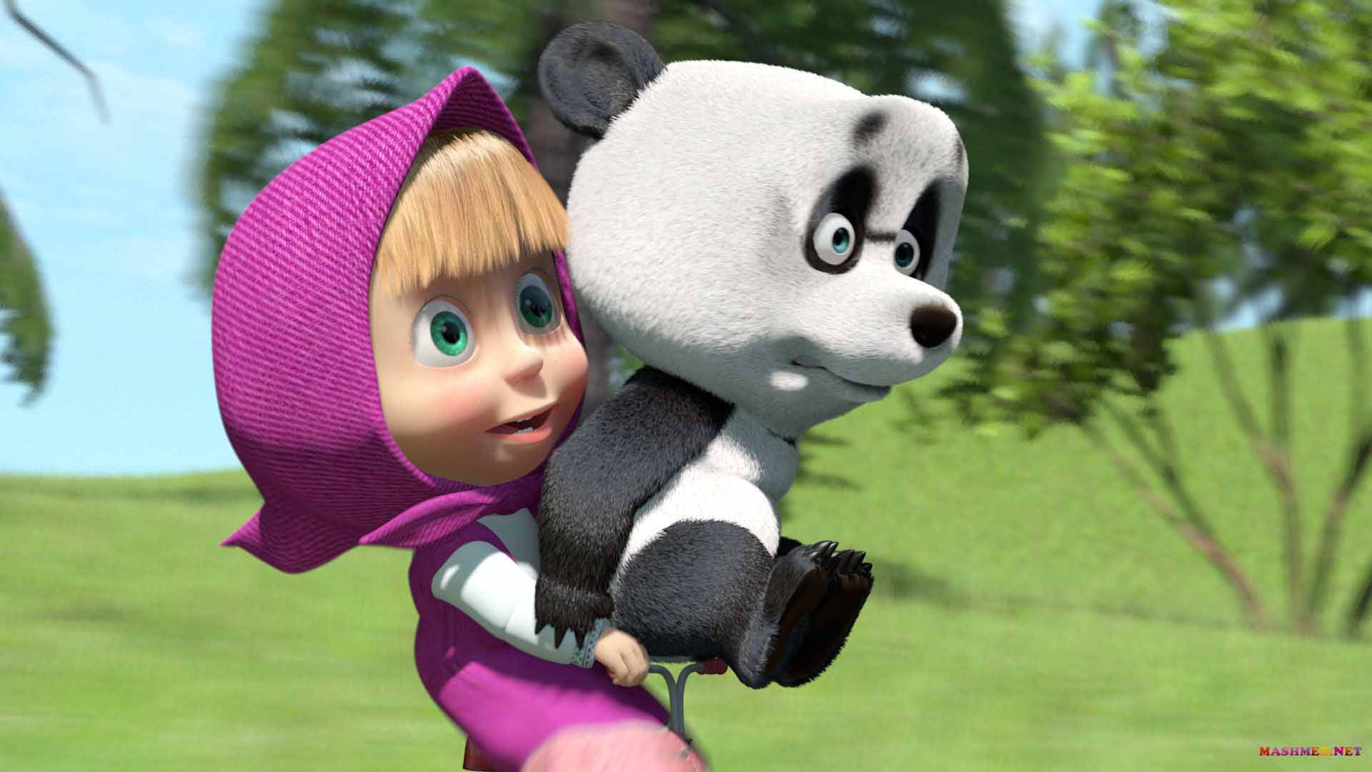 Masha And The Bear, panda, purple hood, Full HD Desktop Wallpaper