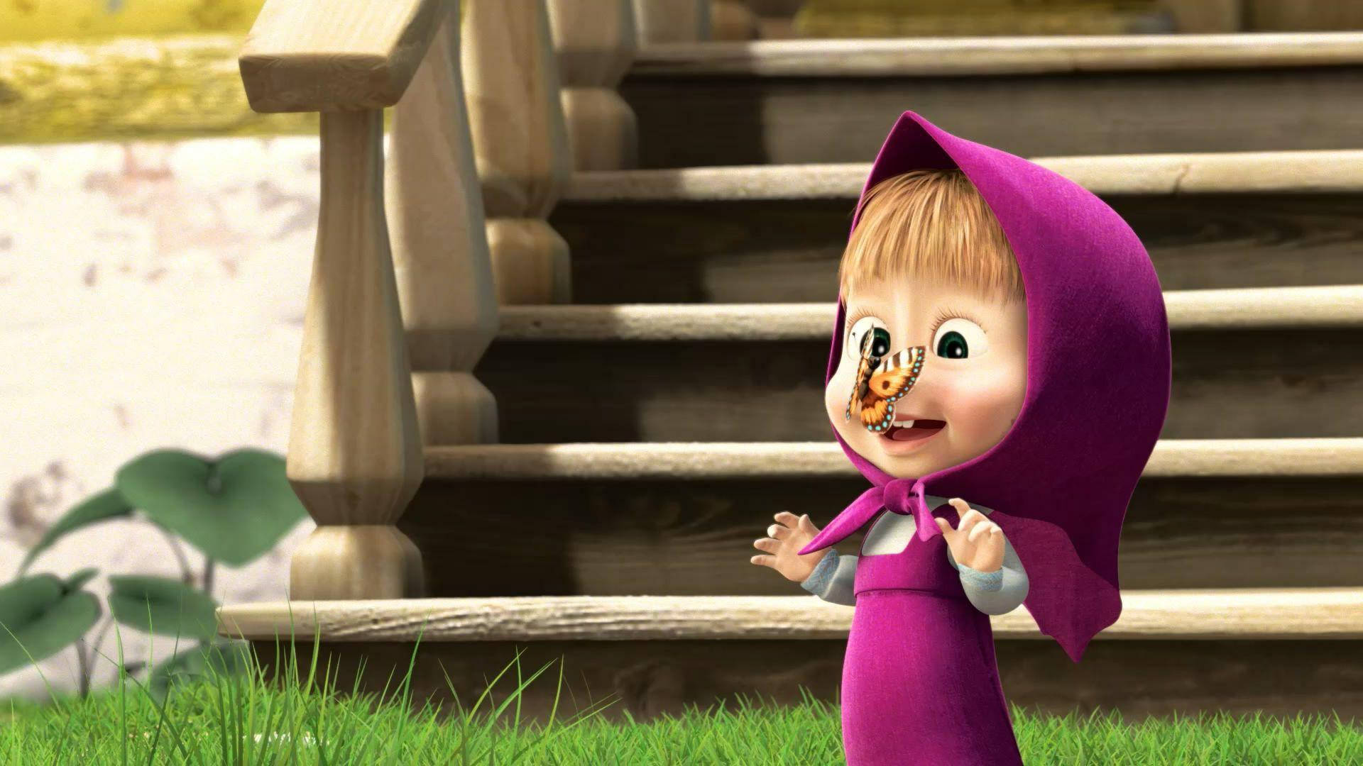 Masha And The Bear, butterfly, purple hooded dress, Full HD Desktop Wallpaper