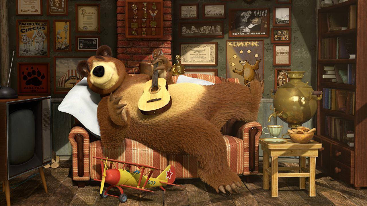 Masha And The Bear, brown bear, striped armchair, HD Desktop Wallpaper