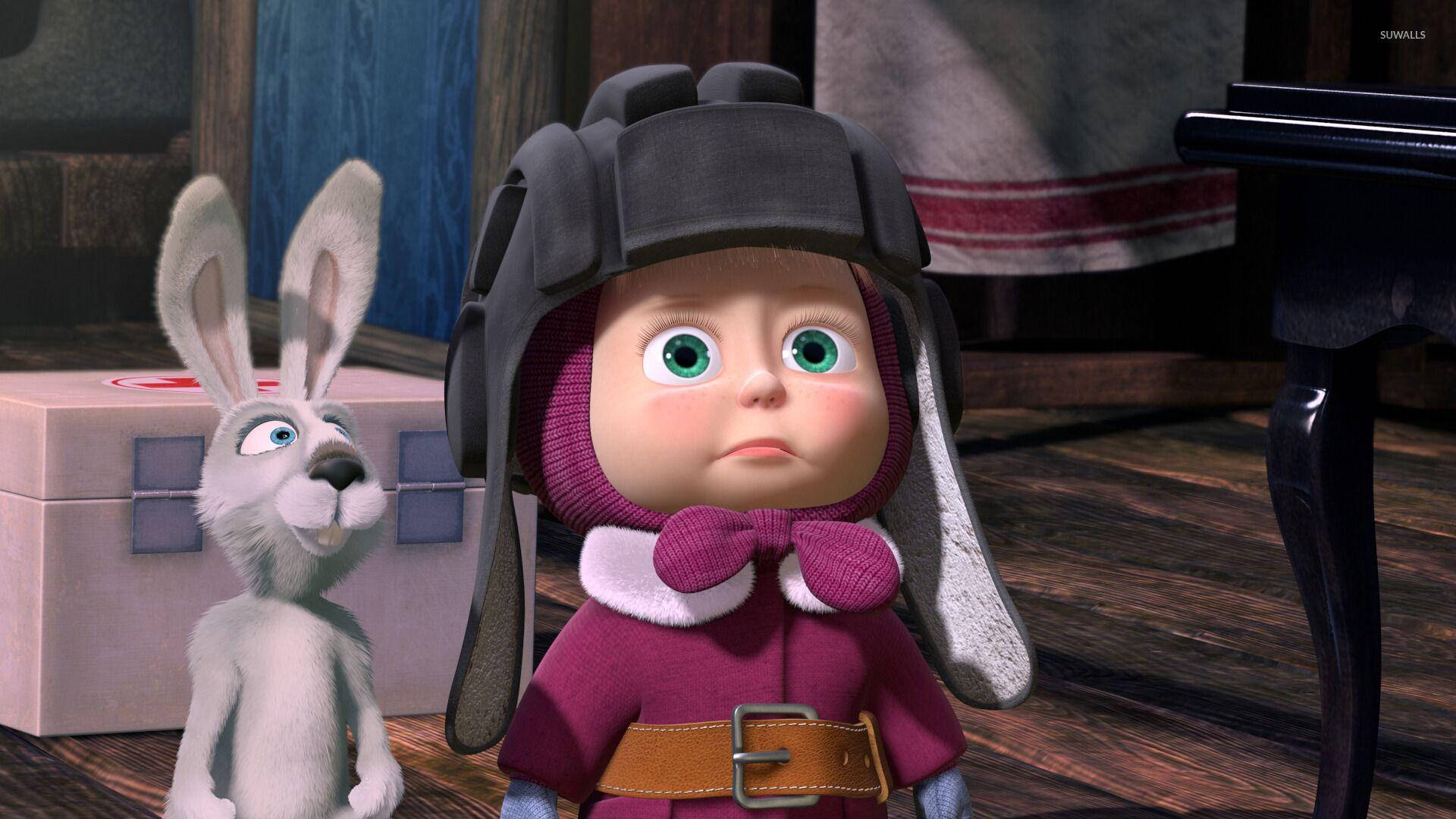 Masha And The Bear, rabbit, purple winter outfit, Full HD Desktop Wallpaper