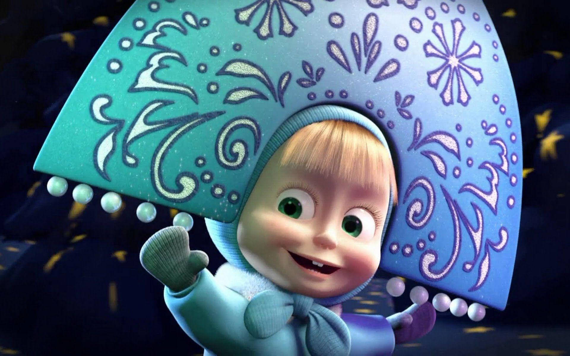 Masha And The Bear, blue patterned hood, dark starry background, Full HD Desktop Wallpaper