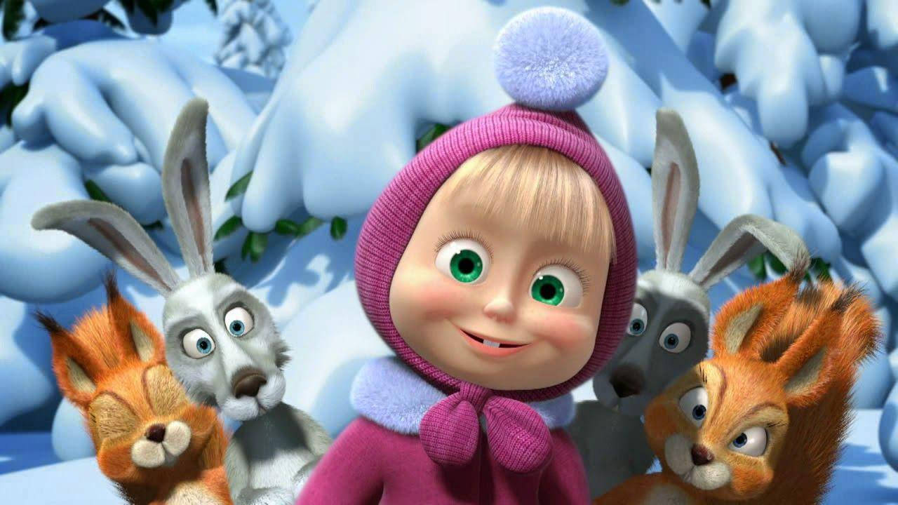 Masha And The Bear, pink winter hat, snowy forest, HD Desktop Wallpaper
