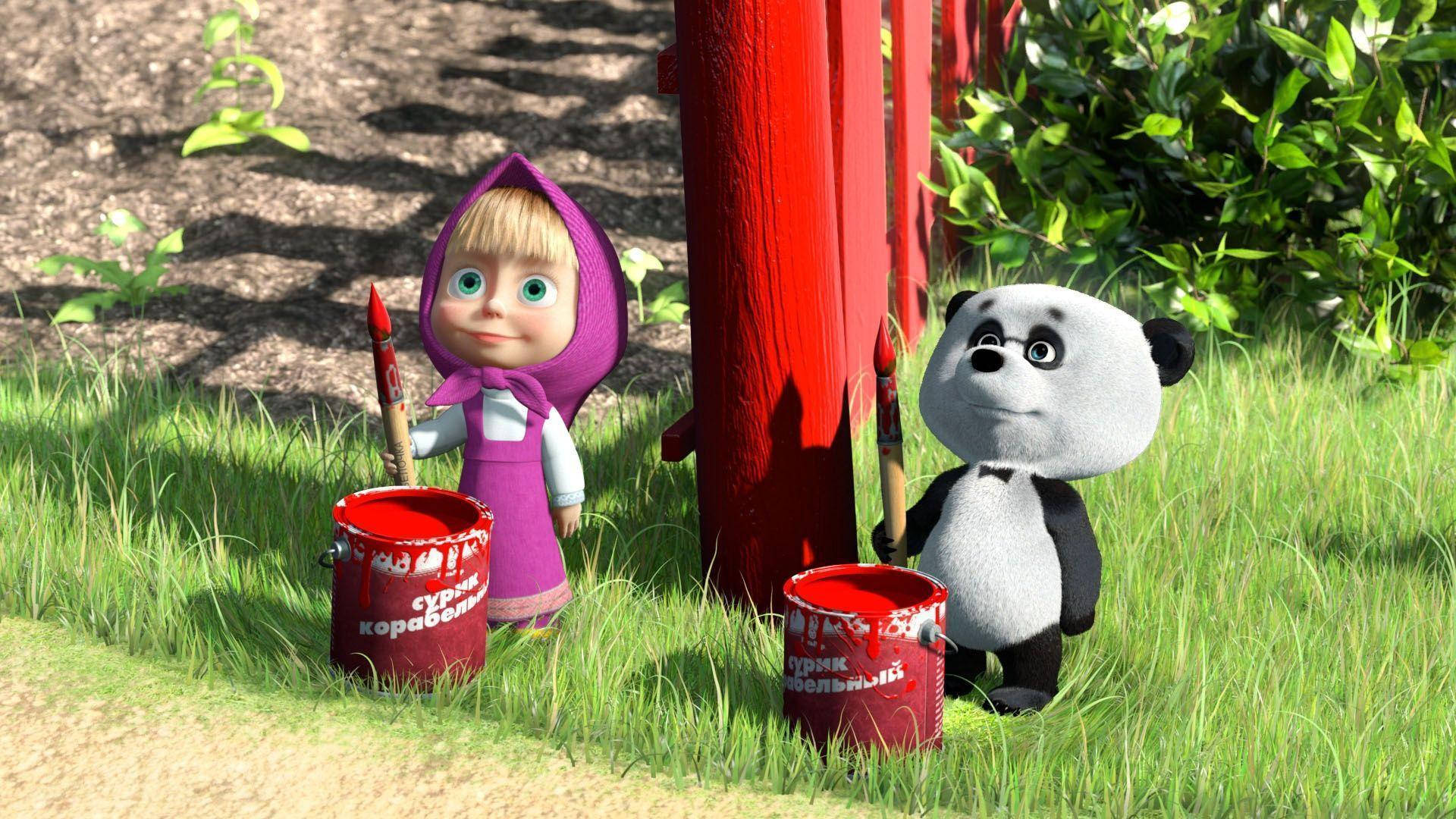 Masha And The Bear, red bucket, purple hood, Full HD Desktop Wallpaper