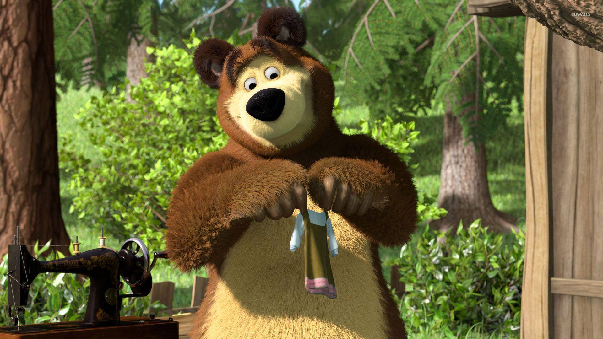 Masha And The Bear, sewing machine, tiny dress, Full HD Desktop Wallpaper