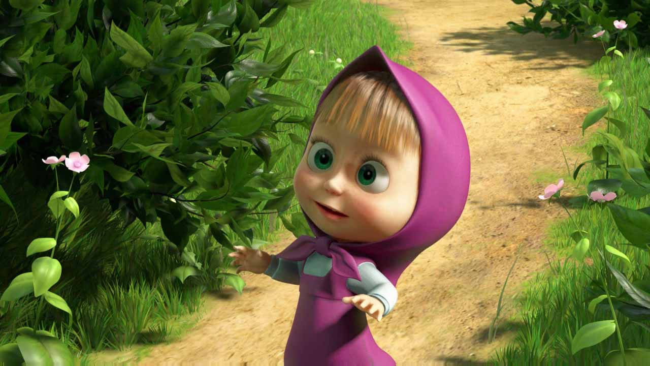 Masha And The Bear, purple hooded outfit, sunlit dirt path, HD Desktop Wallpaper