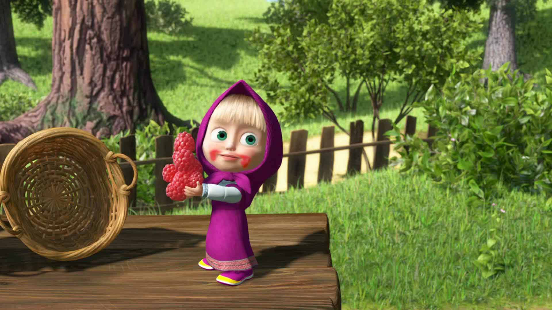 Masha And The Bear, purple hooded outfit, raspberries, Full HD Desktop Wallpaper