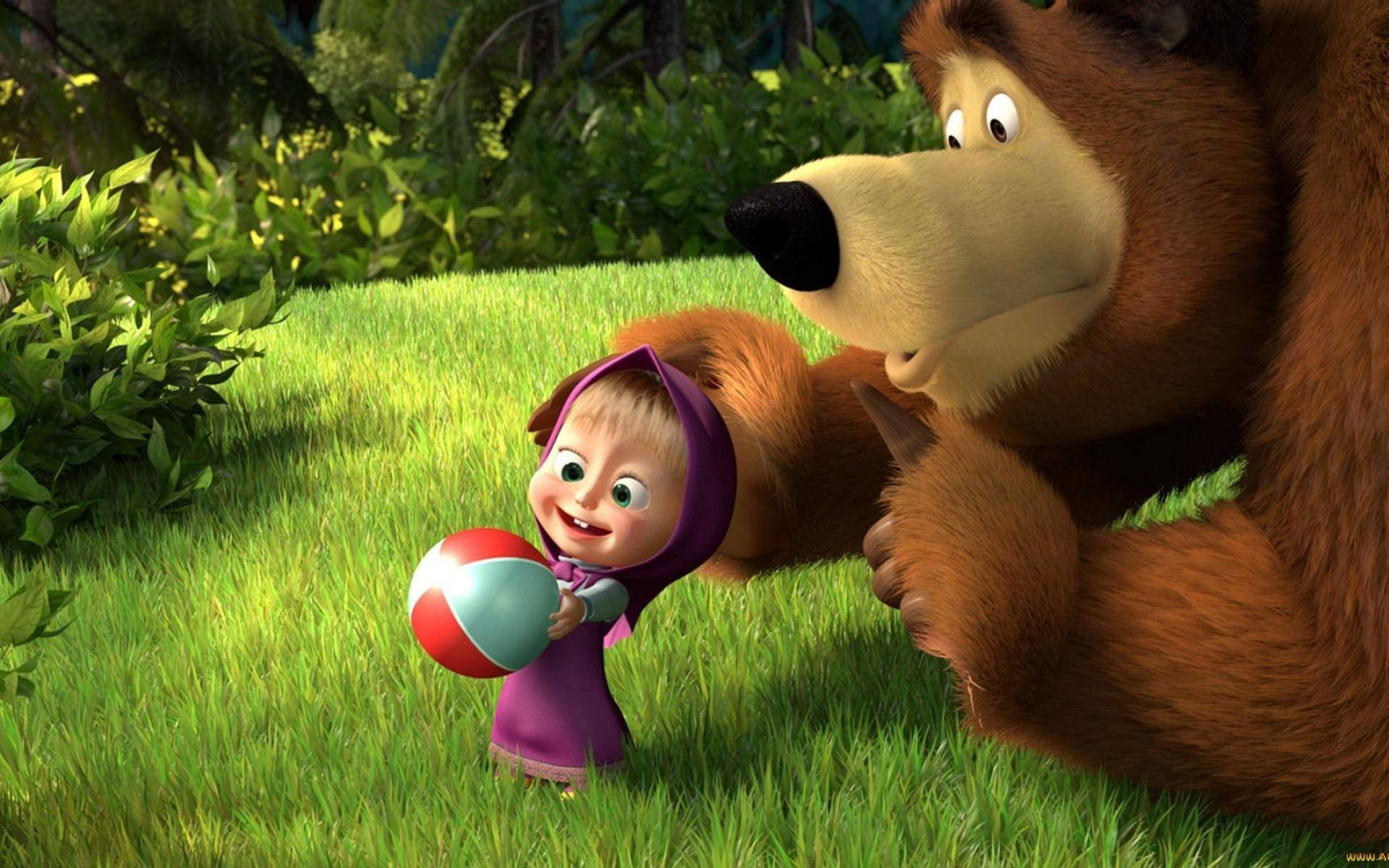 Masha And The Bear, purple hood, red and blue ball, Full HD Desktop Wallpaper