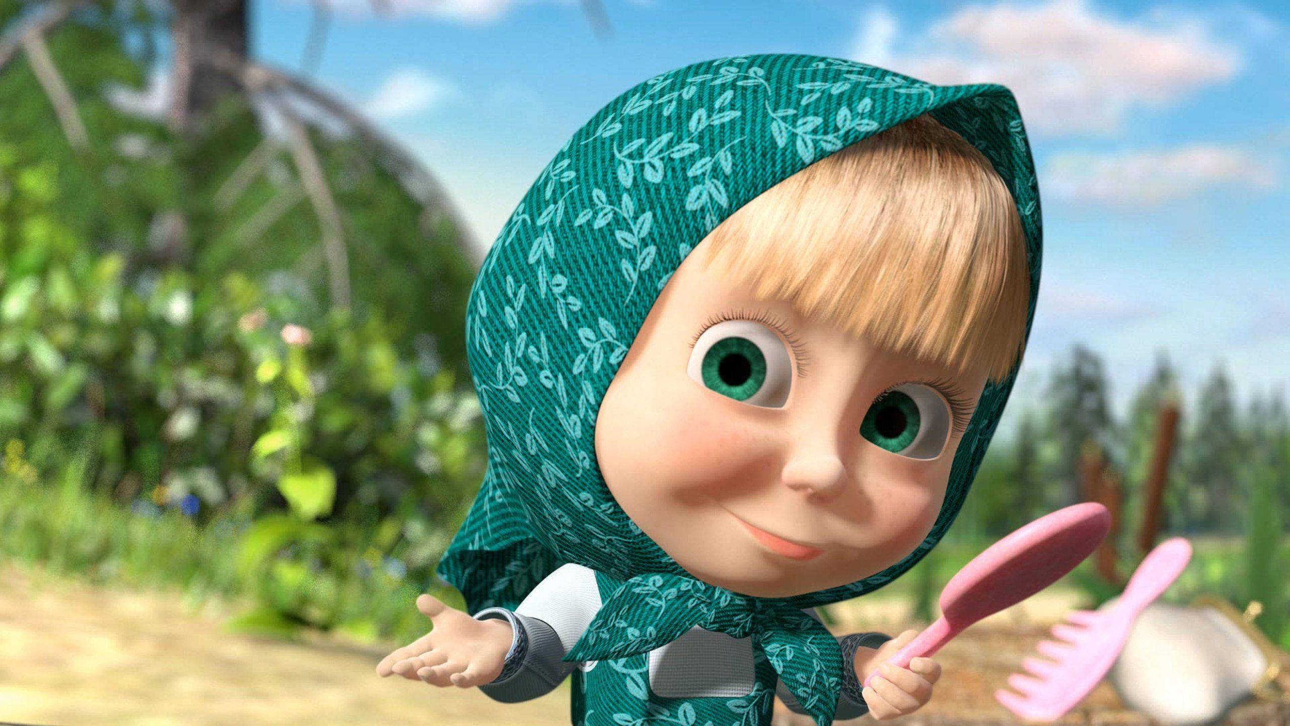 Masha And The Bear, green scarf, teal leaf-patterned headscarf, 2K Desktop Wallpaper