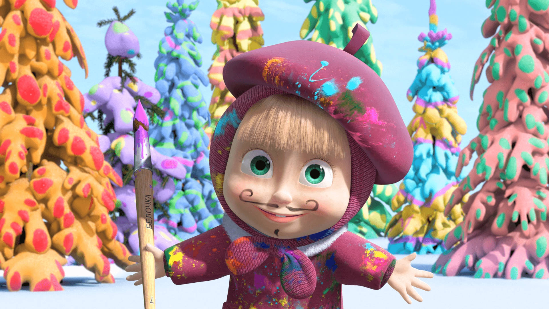 Masha And The Bear, paint-splattered beret, paintbrush, Full HD Desktop Wallpaper