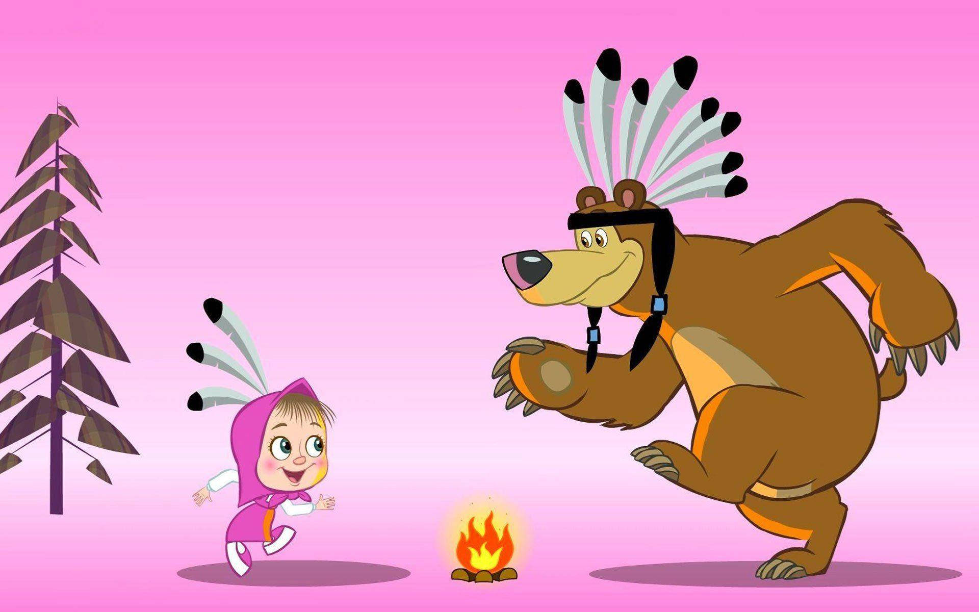 Masha And The Bear, feather headdresses, campfire, Full HD Desktop Wallpaper