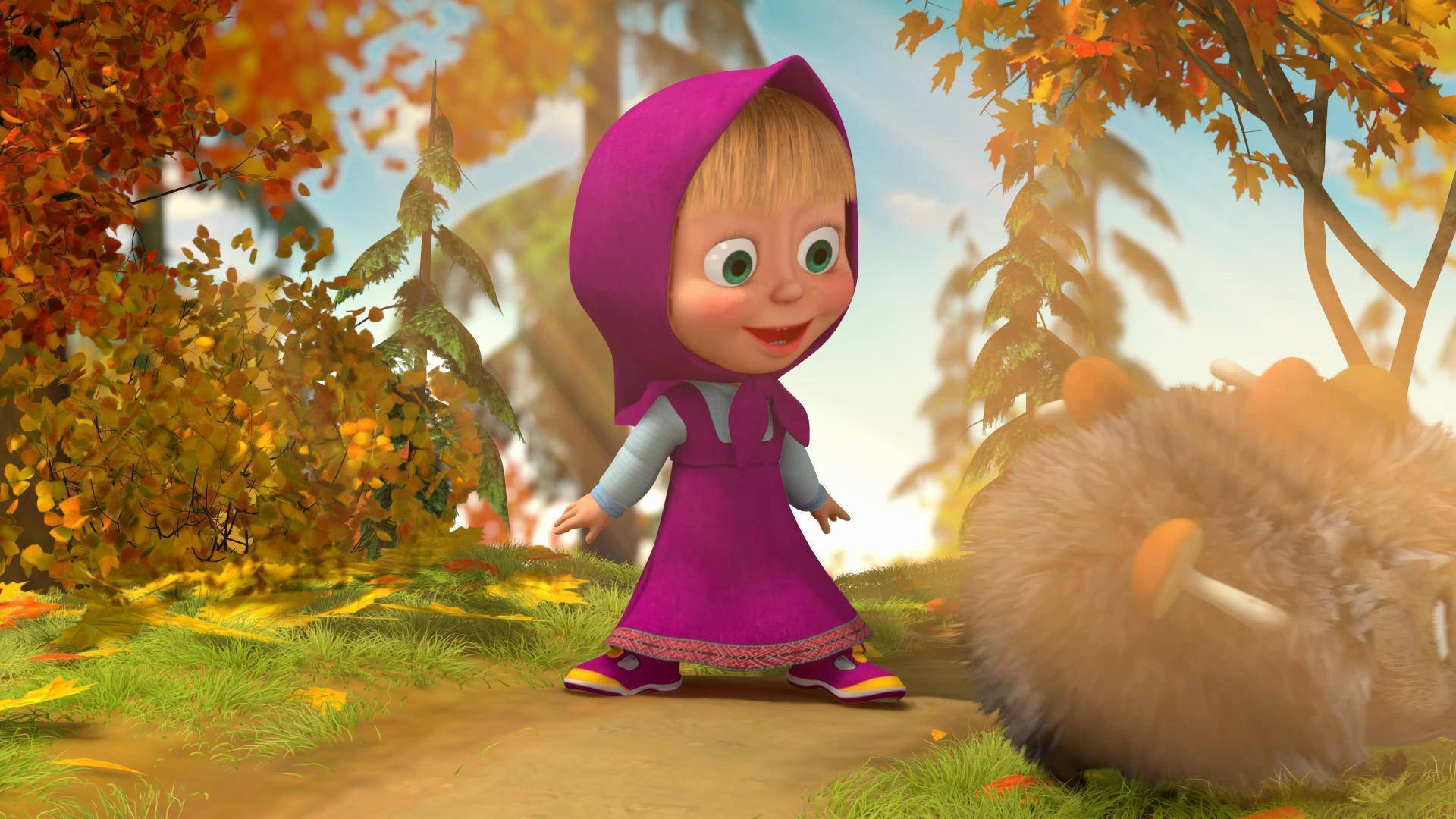 Masha And The Bear, purple hooded dress, sunlit autumn forest, Full HD Desktop Wallpaper
