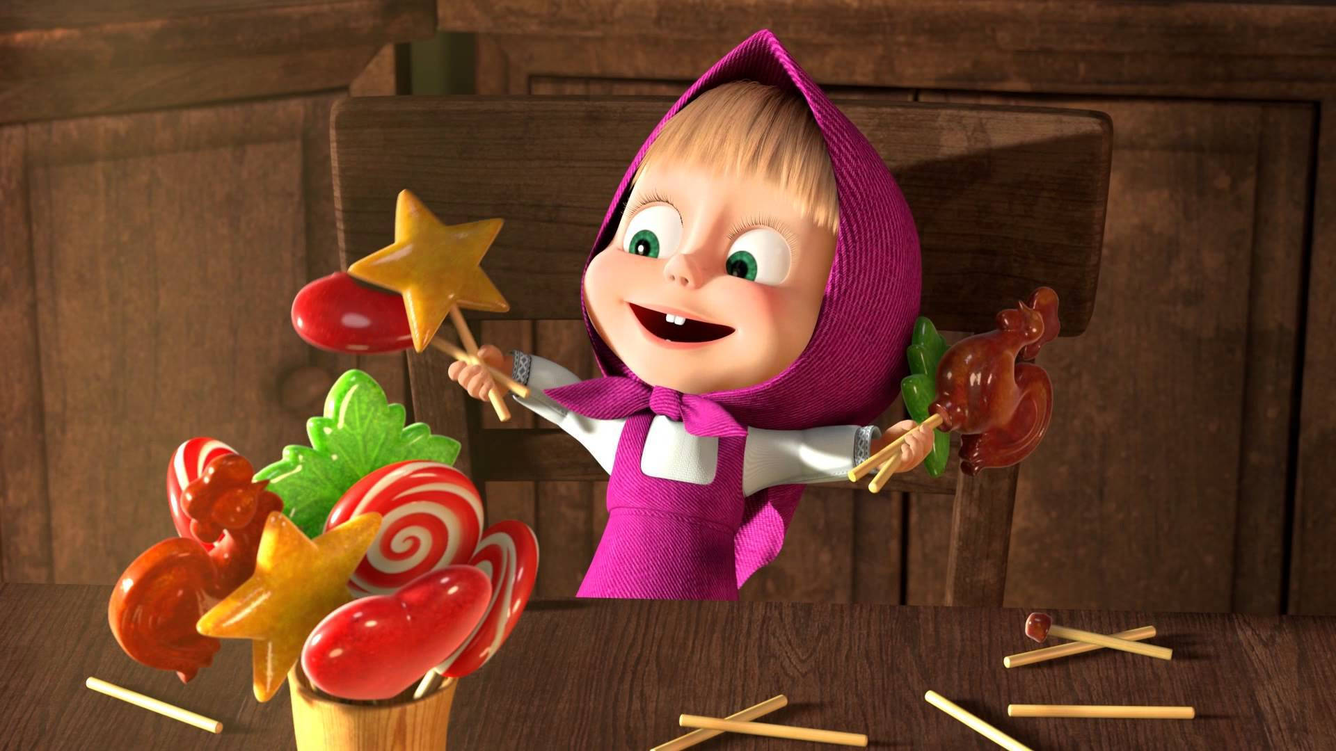 Masha And The Bear, candies, purple hood, Full HD Desktop Wallpaper