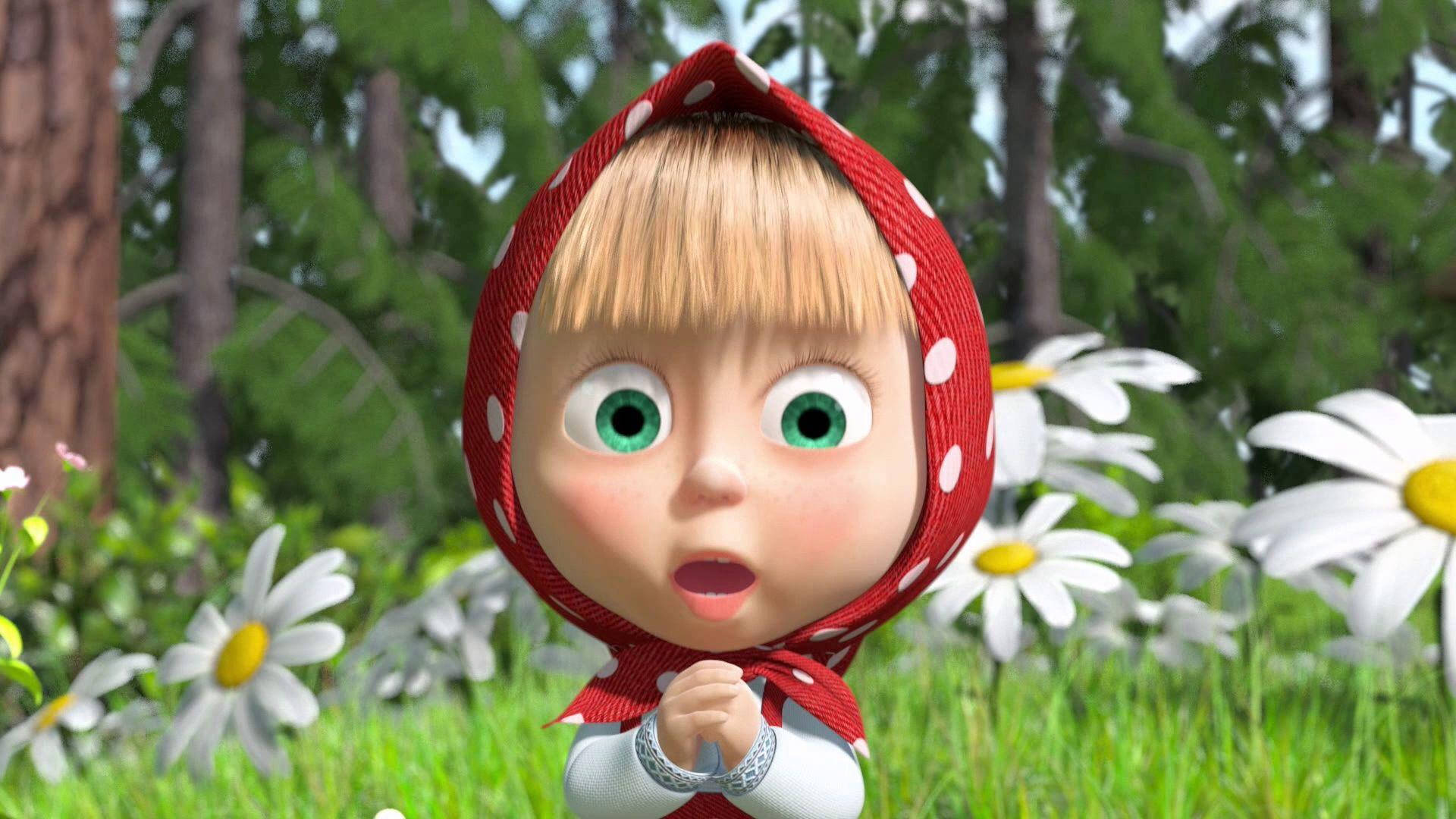Masha And The Bear, red polka dot headscarf, sunlit meadow, Full HD Desktop Wallpaper