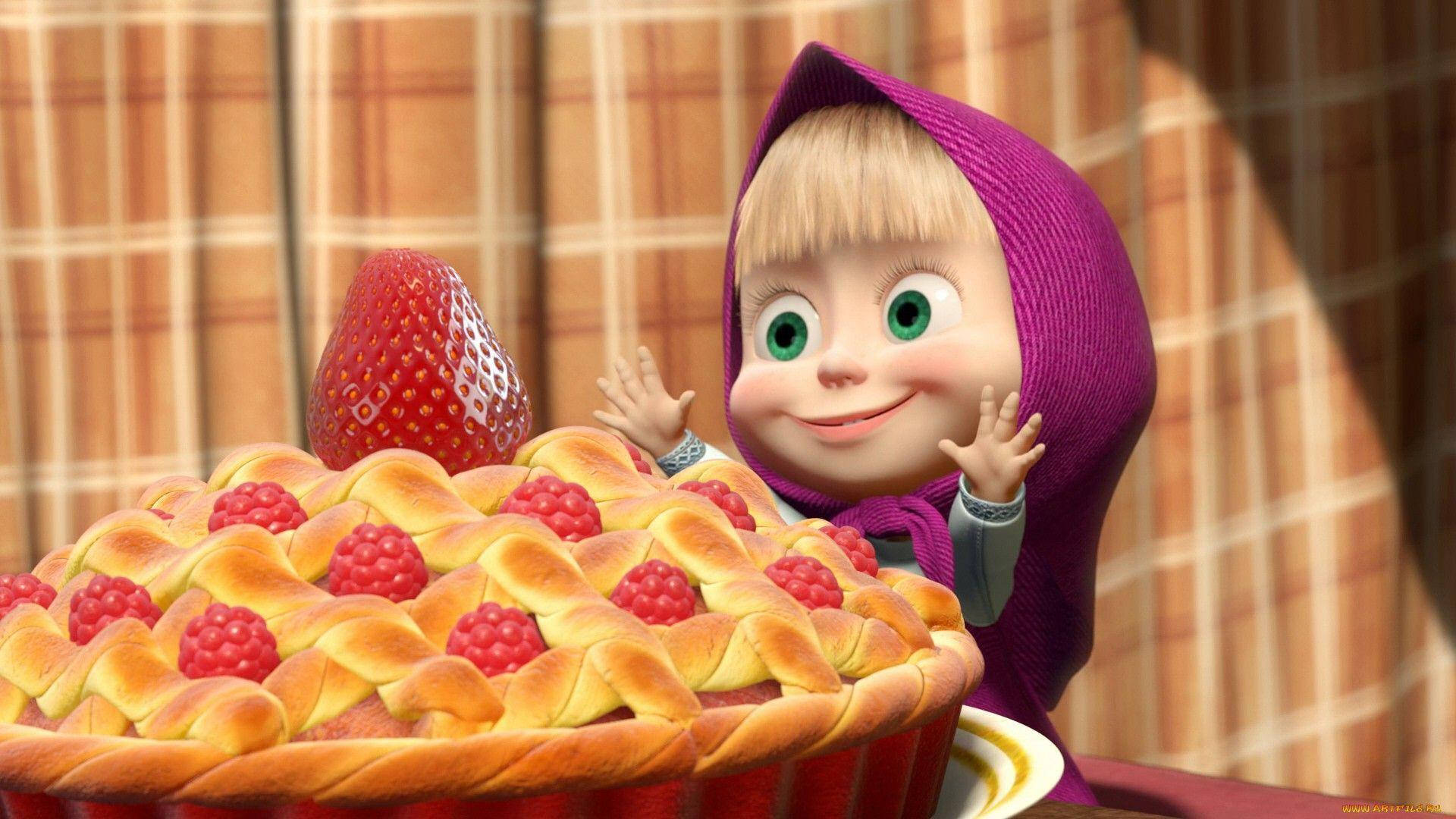 Masha And The Bear, strawberry pie, purple hood, Full HD Desktop Wallpaper