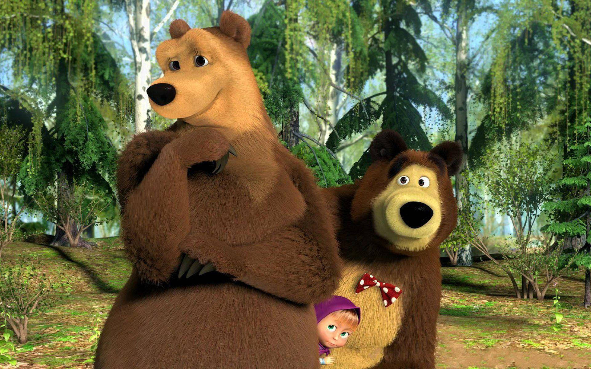 Masha And The Bear, another bear, lush green forest, Full HD Desktop Wallpaper