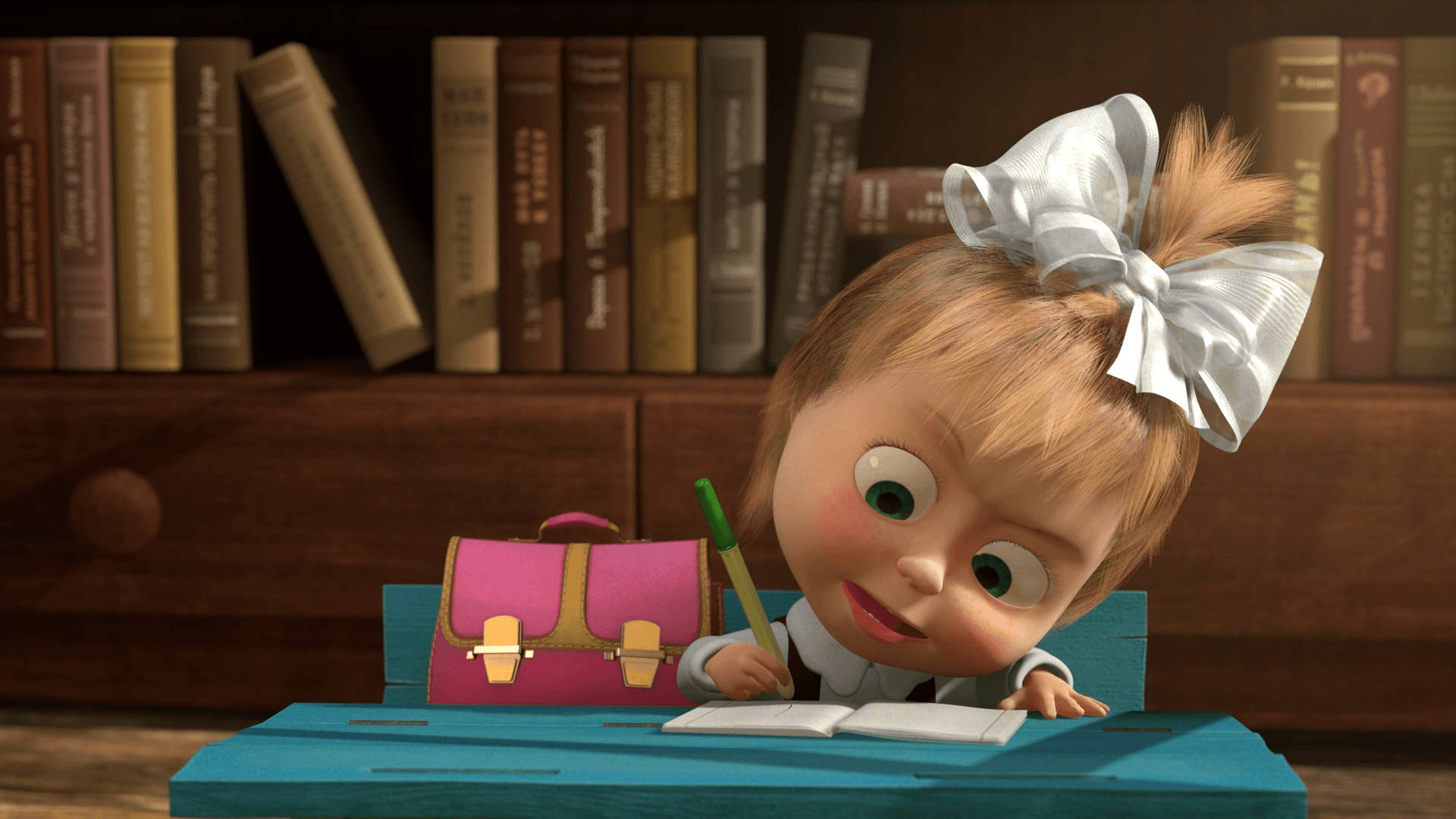 Masha And The Bear, white bow, blue desk, Full HD Desktop Wallpaper