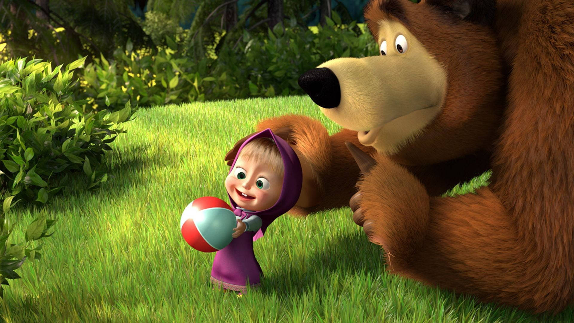 Masha And The Bear, purple hooded outfit, colorful ball, Full HD Desktop Wallpaper