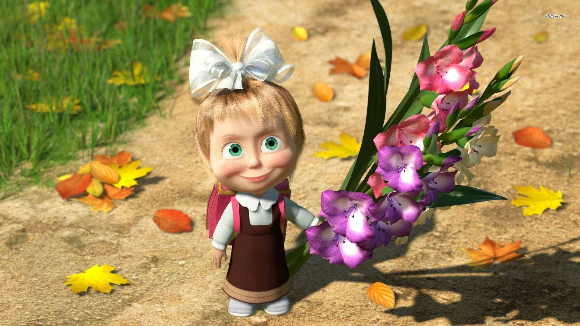 Masha And The Bear, white bow, purple and pink gladiolus flowers, Full HD Desktop Wallpaper