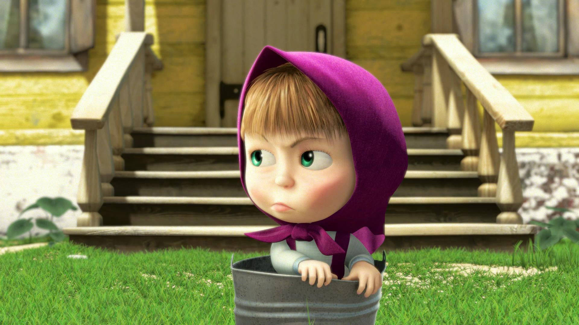Masha And The Bear, purple hood, metal bucket, Full HD Desktop Wallpaper