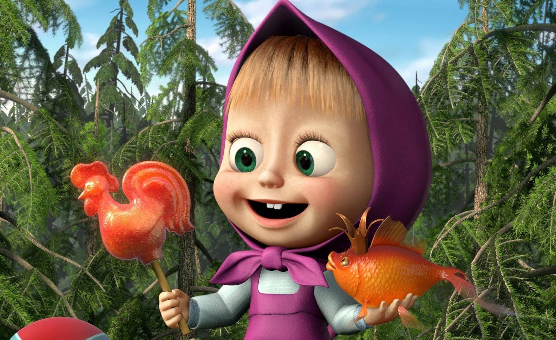 Masha And The Bear, purple hood, rooster lollipop, Full HD Desktop Wallpaper