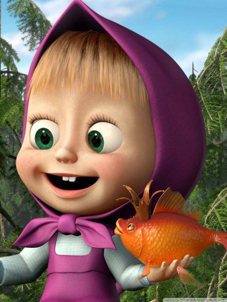 Masha And The Bear, purple hood, bright orange fish, SD Phone Wallpaper