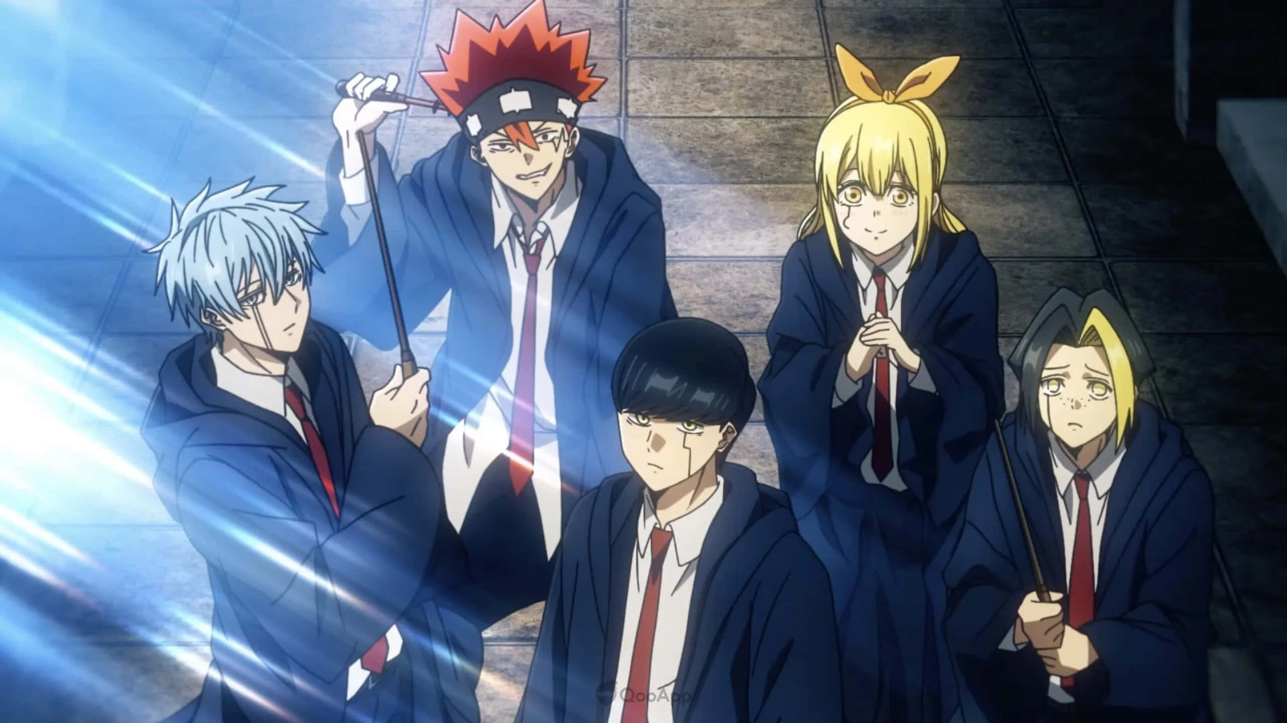 Mashle Magic And Muscles, blue school uniforms, bright blue light beams, 2K Desktop Wallpaper
