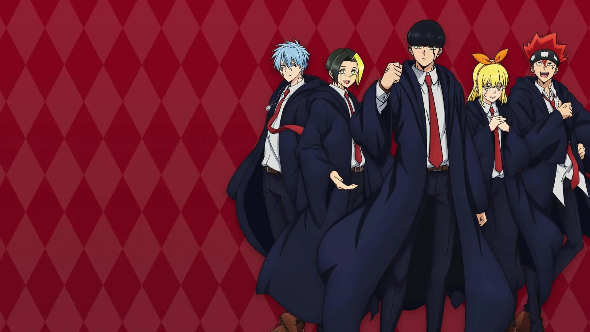 Mashle Magic And Muscles, dark blue school uniforms, bold red diamond-patterned background, Full HD Desktop Wallpaper