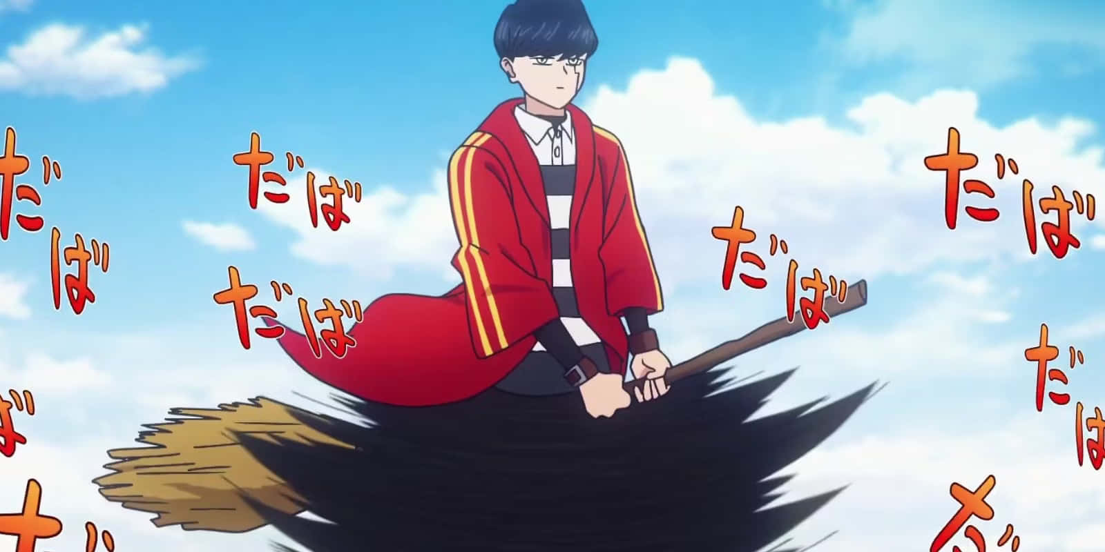 Mashle, red robe, broomstick, HD Desktop Wallpaper