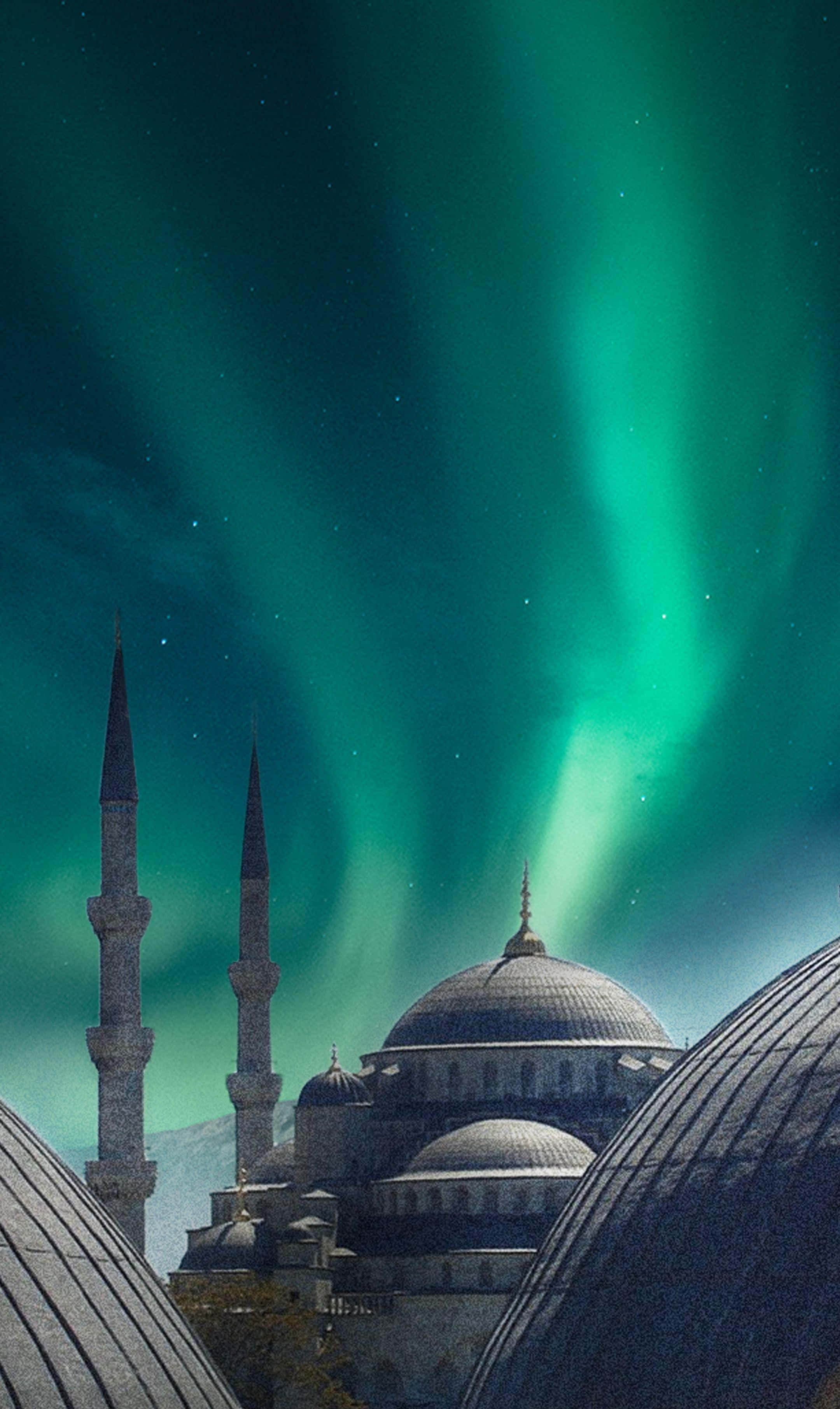 aurora borealis, mosque, domes, 2K Phone Wallpaper