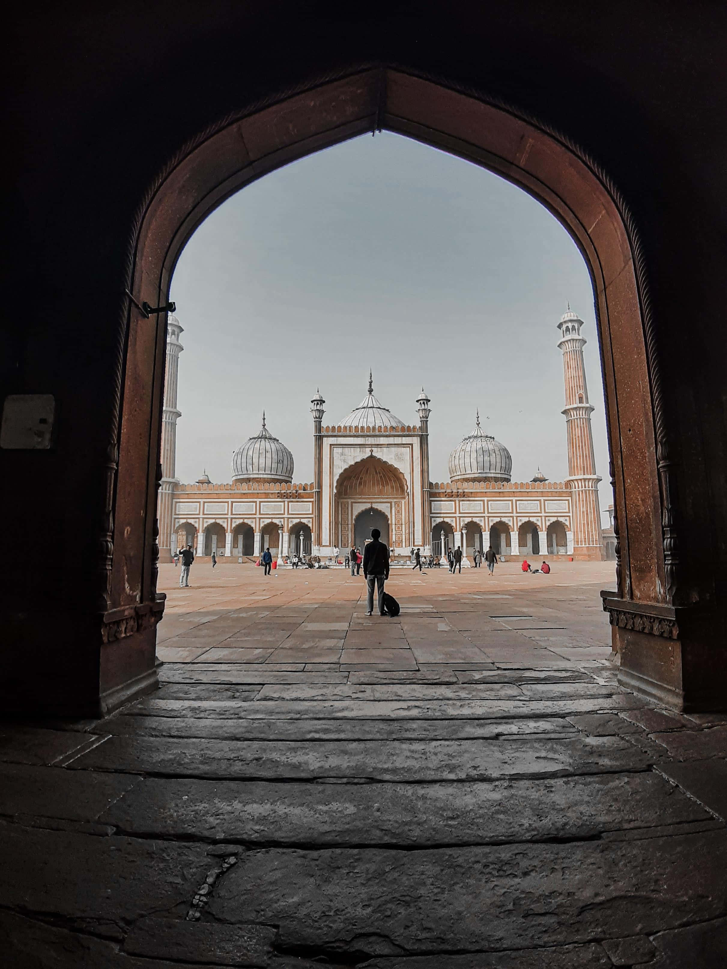 Masjid, weathered stone archway, grand mosque, 2K Phone Wallpaper