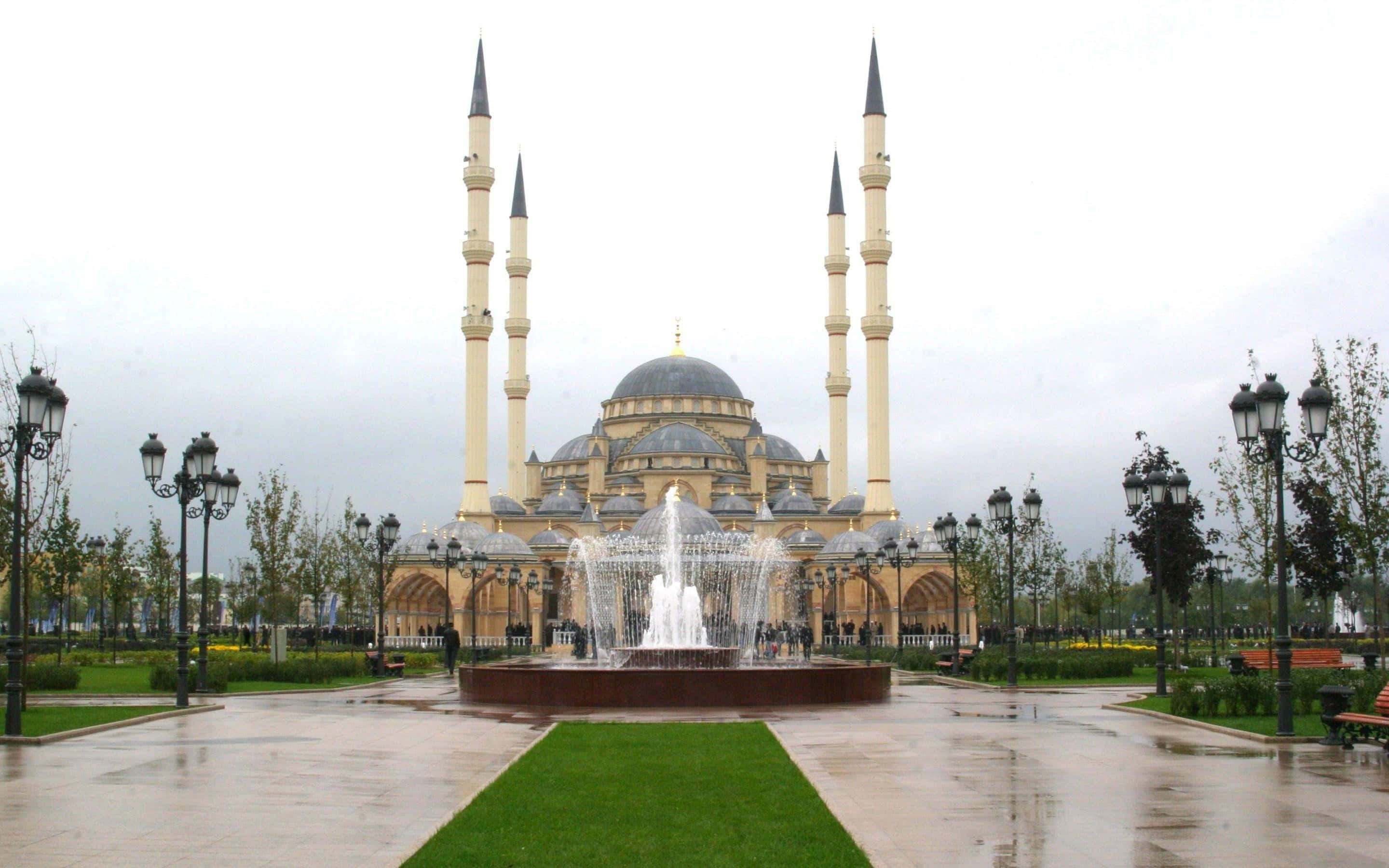 elegant mosque, four tall minarets, central dome, 2K Desktop Wallpaper