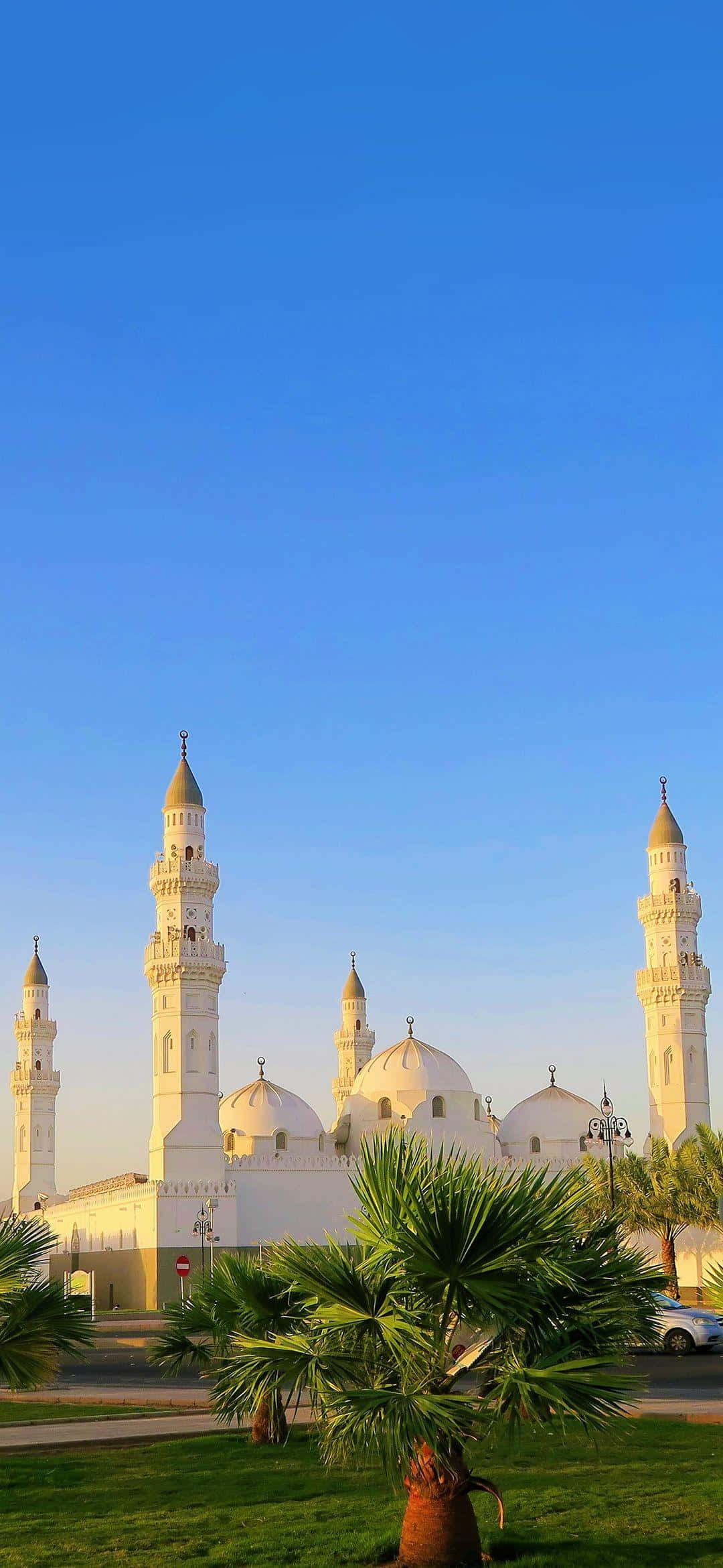 serene mosque, white mosque, tall minarets, Full HD Phone Wallpaper