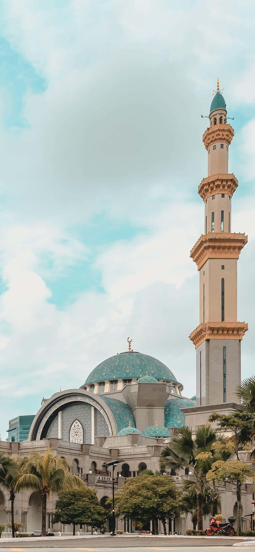 elegant mosque, towering minaret, turquoise domes, Full HD Phone Wallpaper