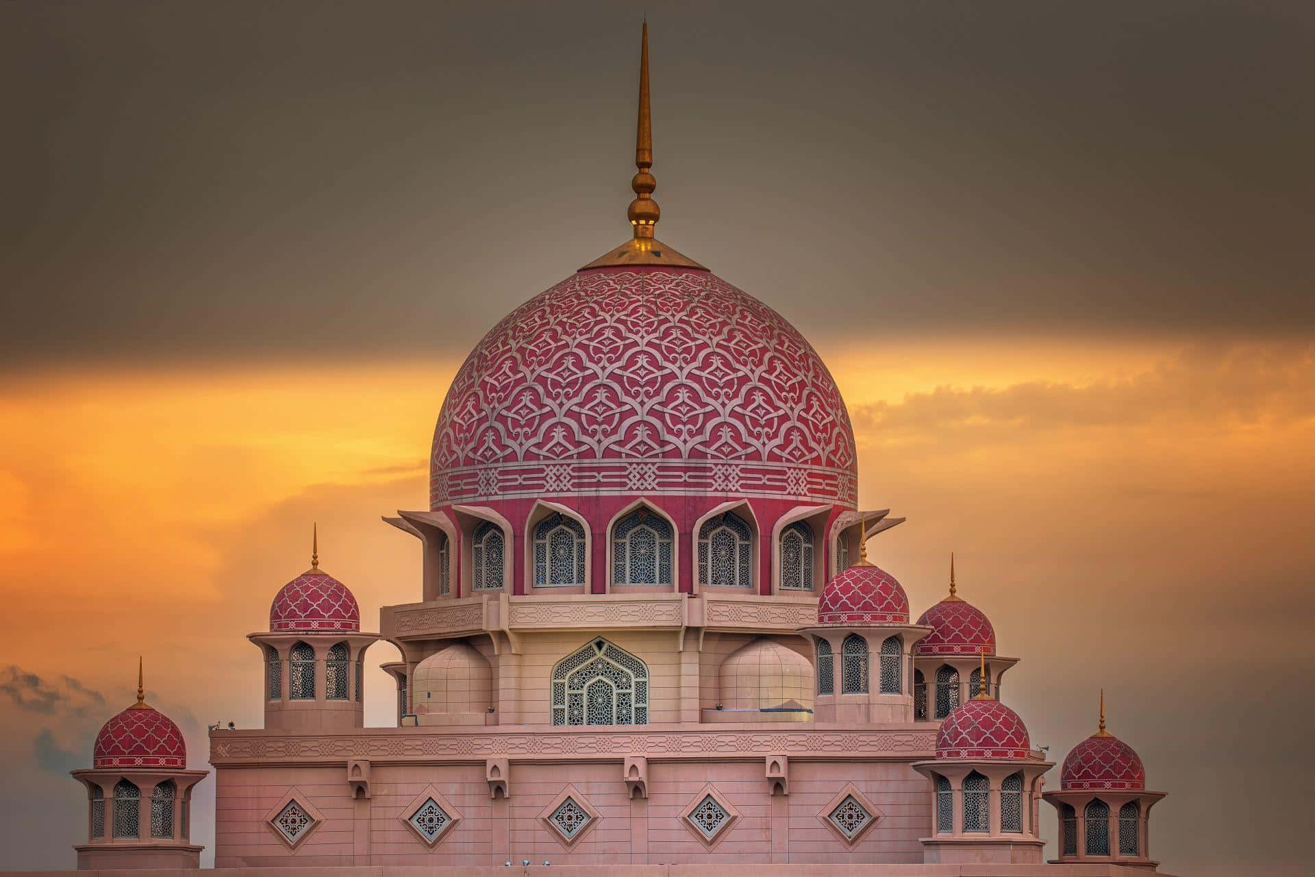 pink mosque, golden spires, warm sunset sky, Full HD Desktop Wallpaper