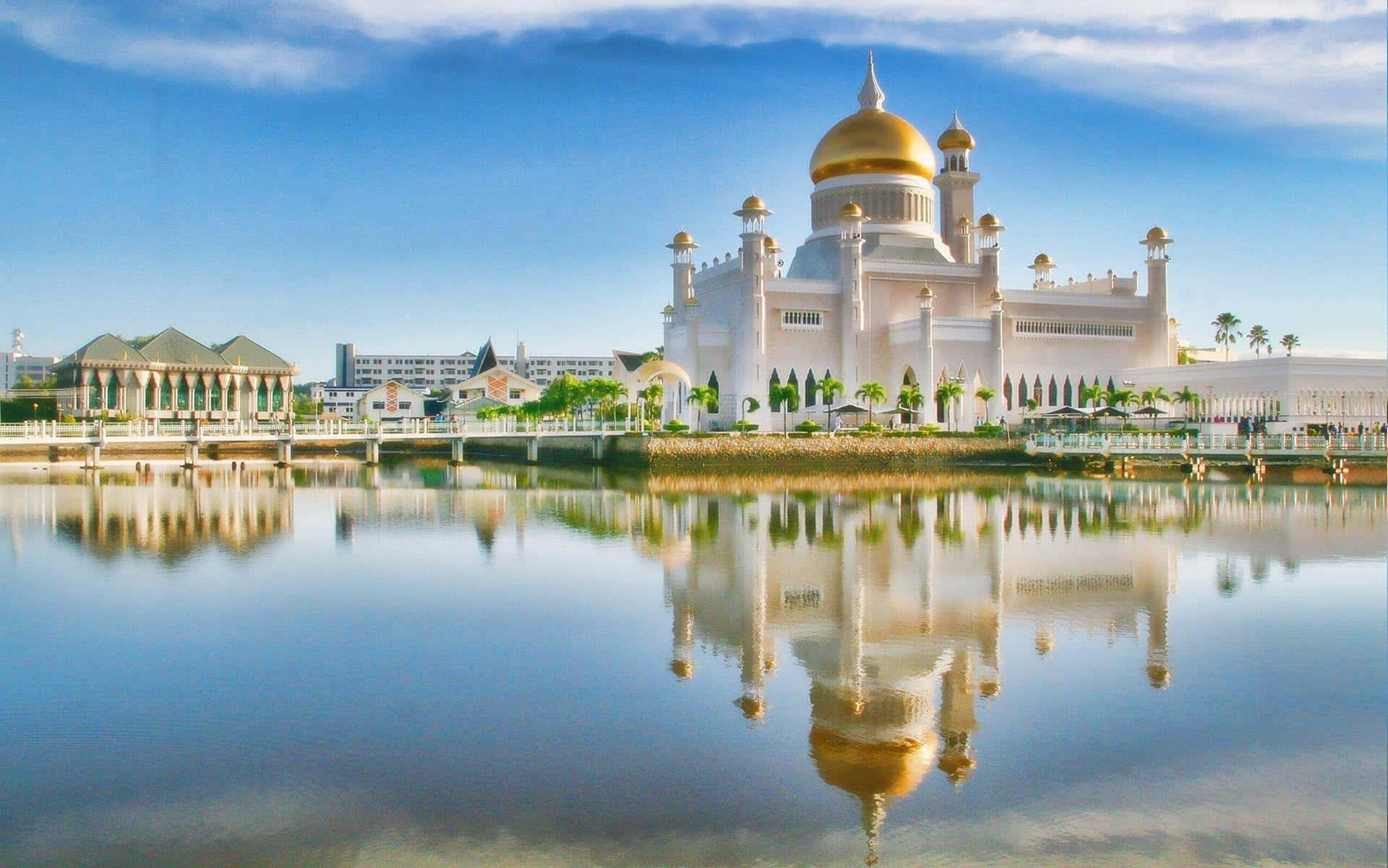 golden domed mosque, white mosque, golden domes, Full HD Desktop Wallpaper