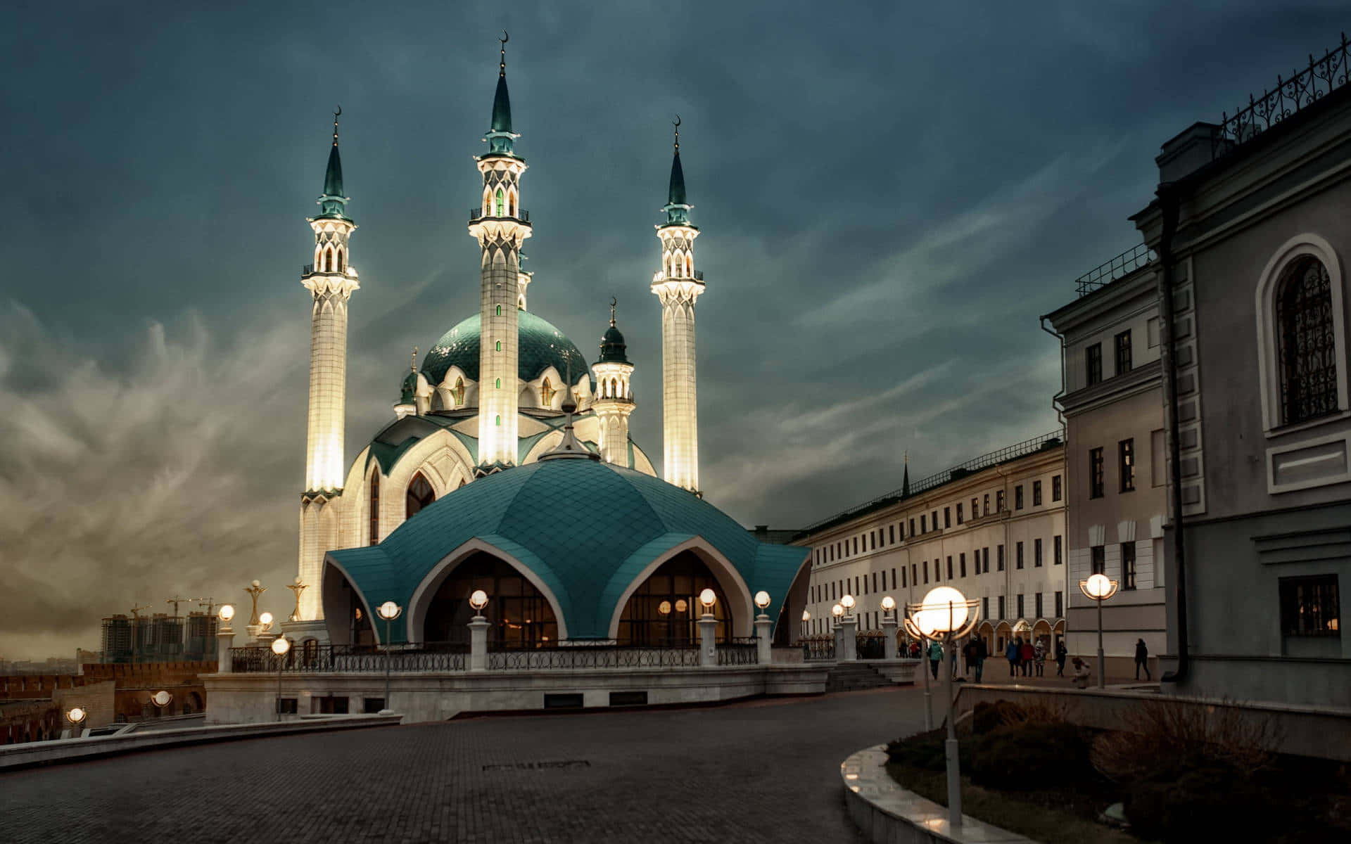 majestic mosque, glowing turquoise domes, minarets, Full HD Desktop Wallpaper