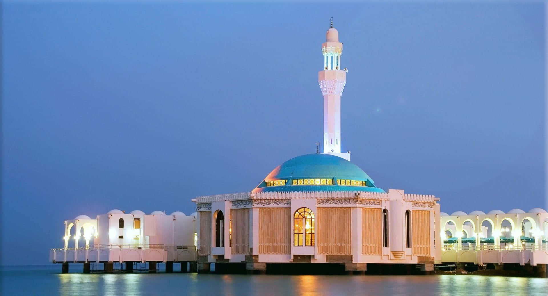 seaside mosque, twilight, white mosque, Full HD Desktop Wallpaper