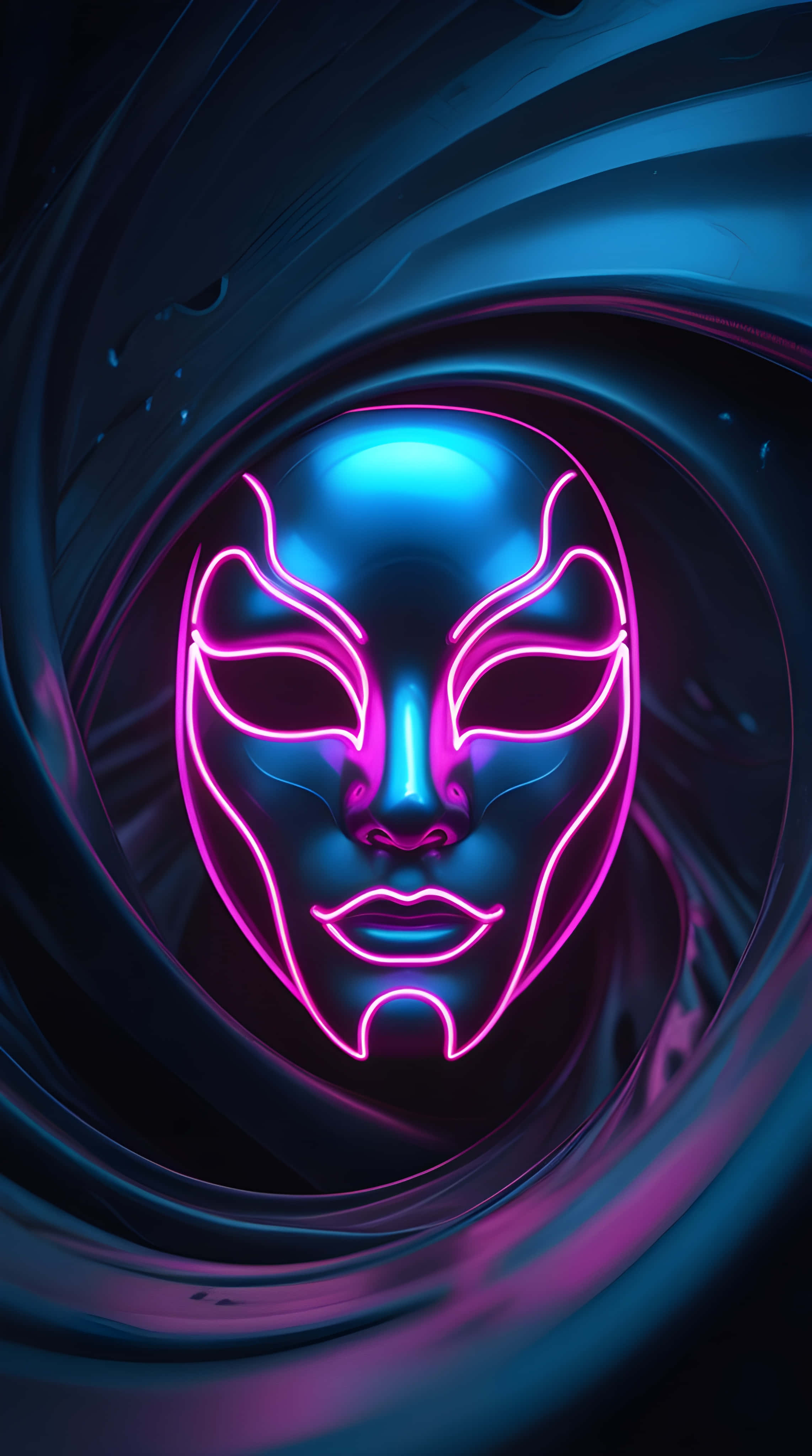 black neon mask, pink and blue outlines, swirling dark tunnel of liquid light, 4K Phone Wallpaper