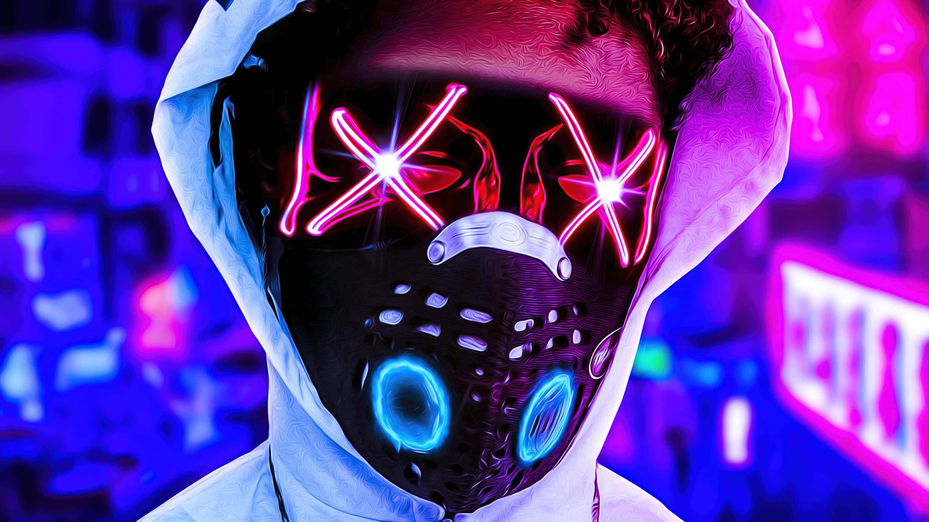 Mask Boy, white hoodie, glowing neon mask, 2K Desktop Wallpaper