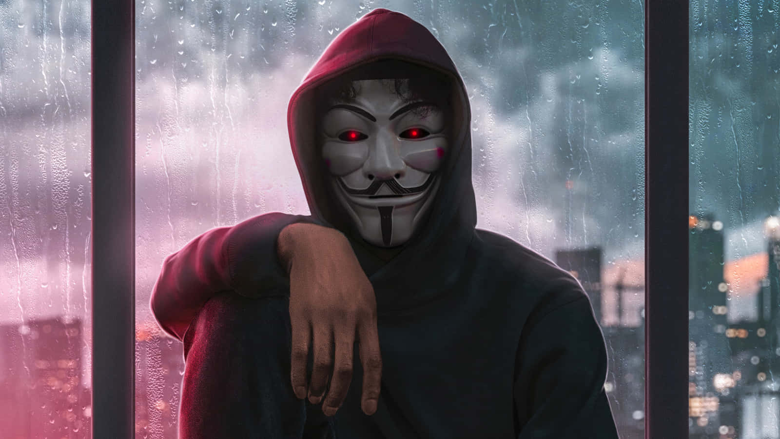 Mask Boy, red hoodie, rain-slicked window, HD Desktop Wallpaper