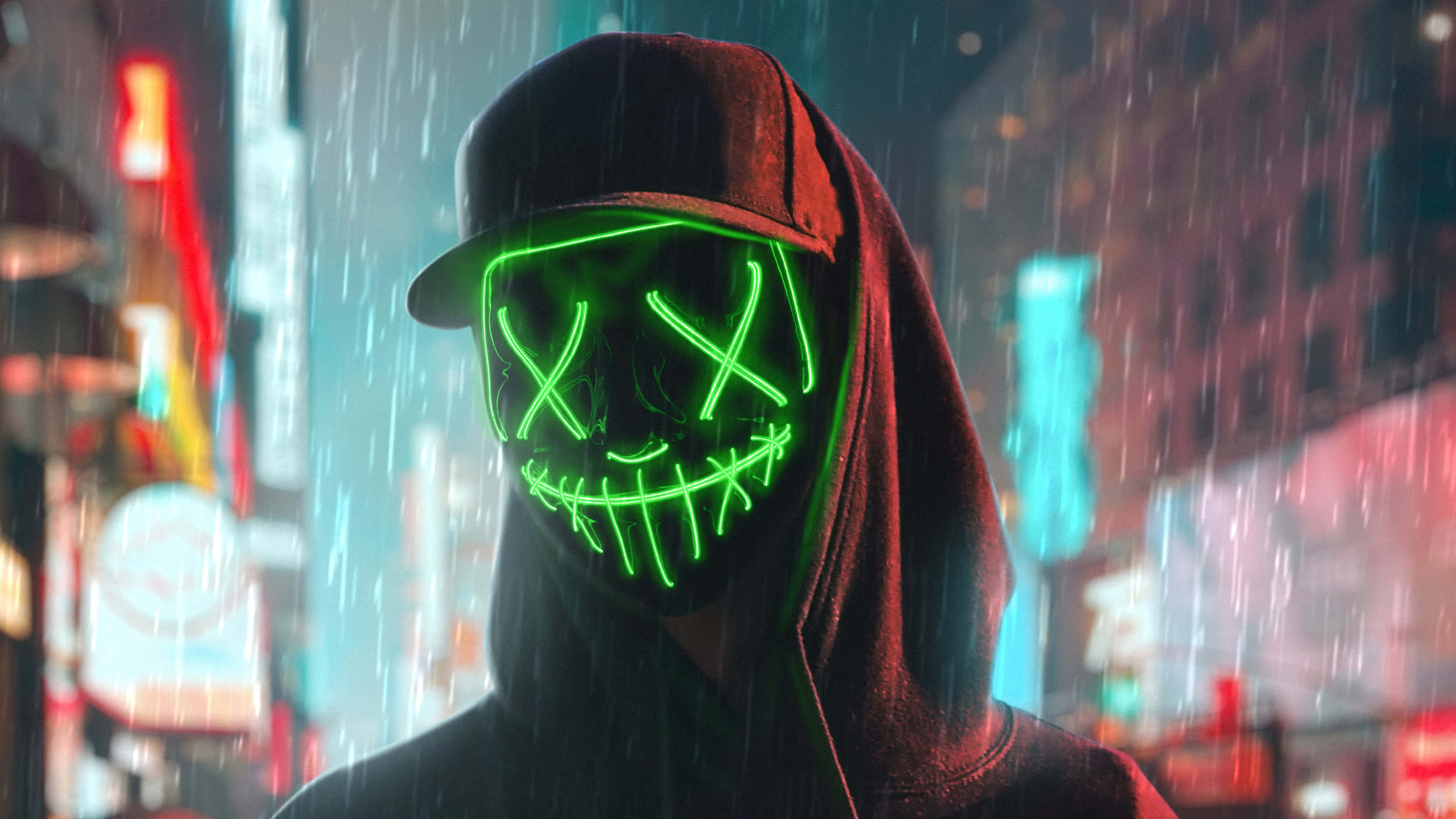 Mask Boy, glowing green skull mask, rain-slicked neon-lit city streets, 2K Desktop Wallpaper