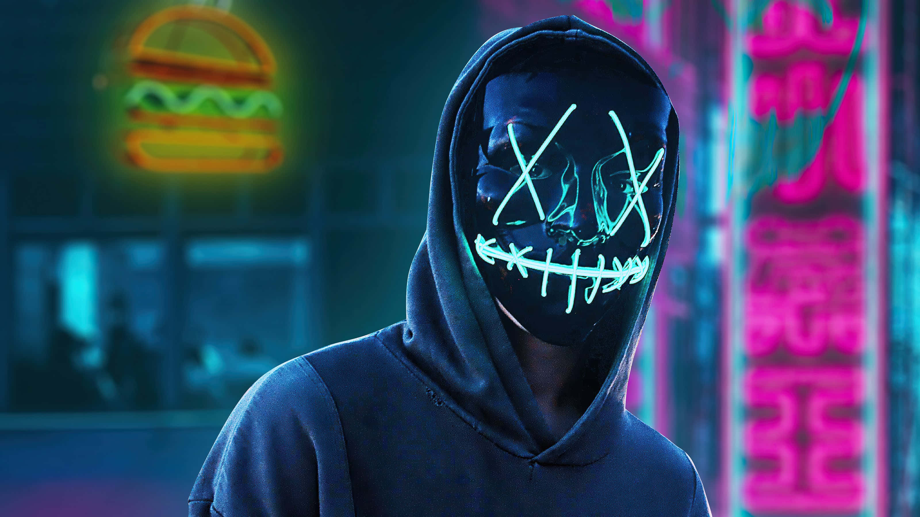 Mask Boy, blue hoodie, glowing neon mask, 2K Desktop Wallpaper