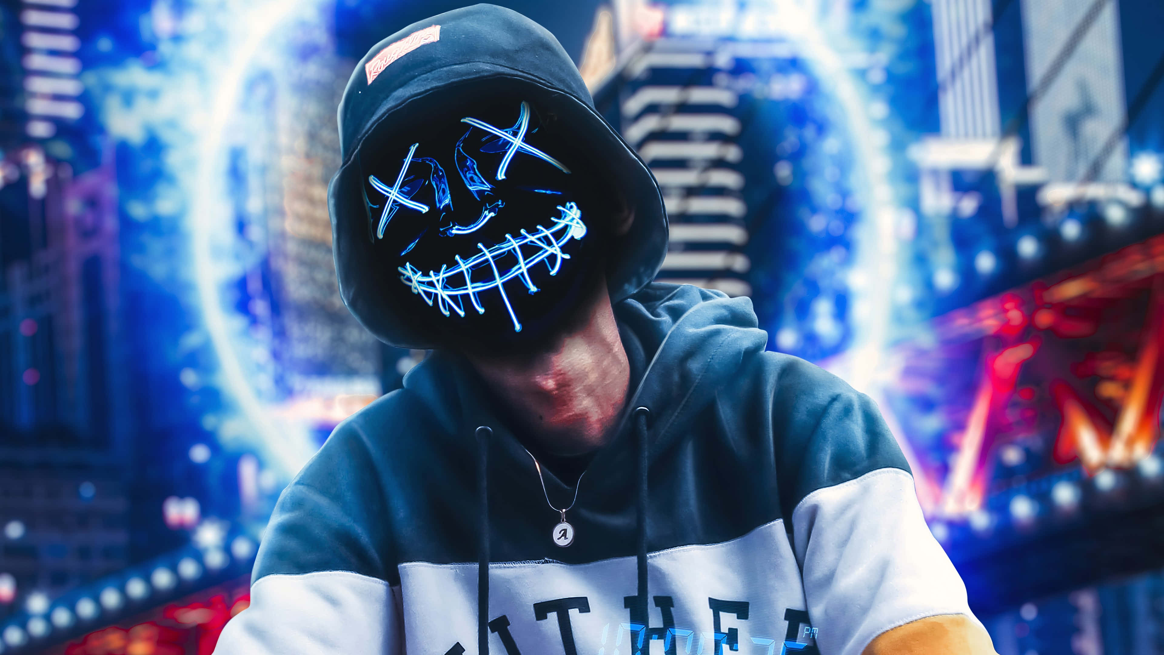 Mask Boy, glowing blue LED mask, neon-lit cityscape, 4K Desktop Wallpaper